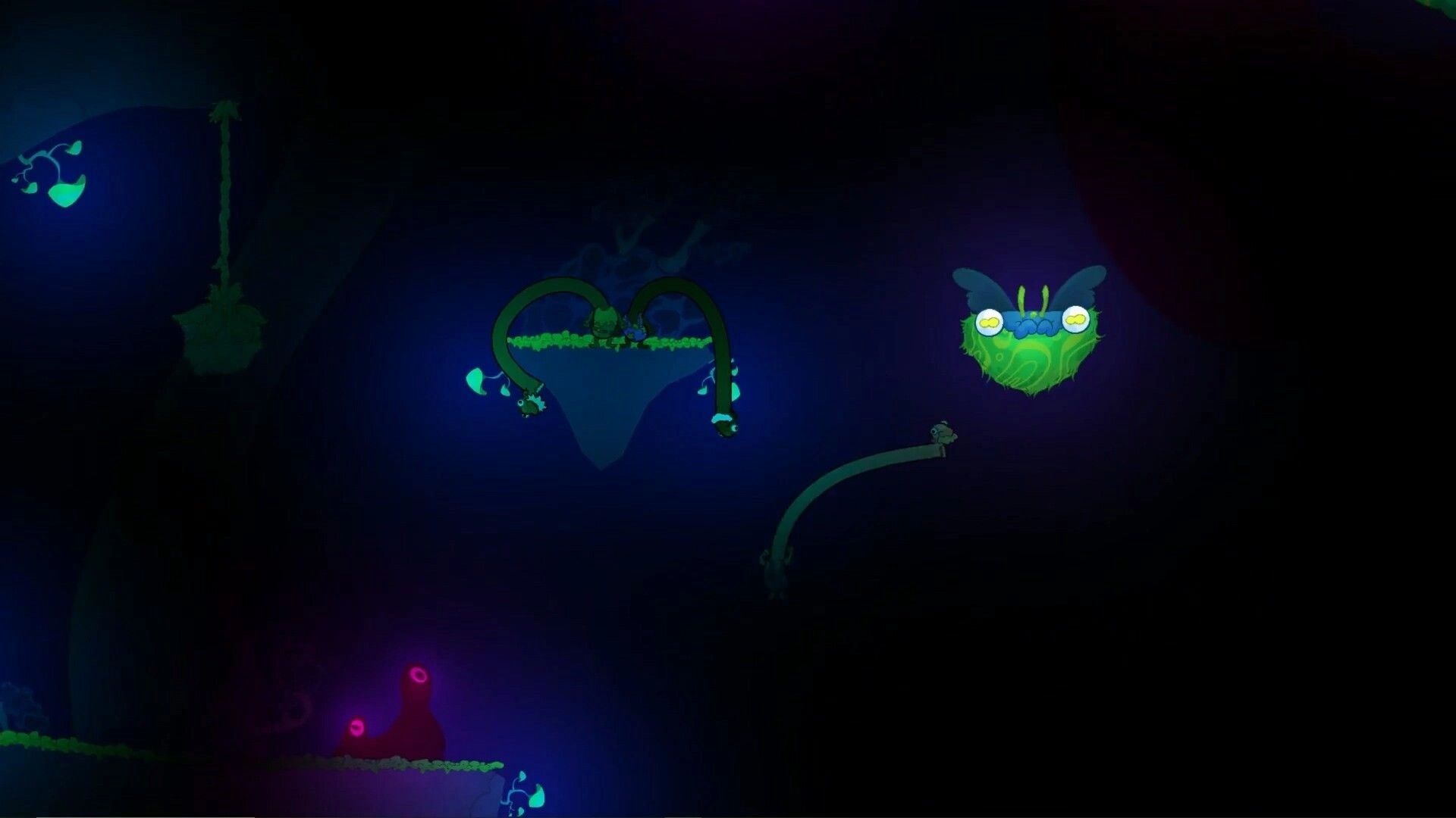 Esophaguys: Two characters with elongated necks swinging between neon platforms in a dark cave setting.