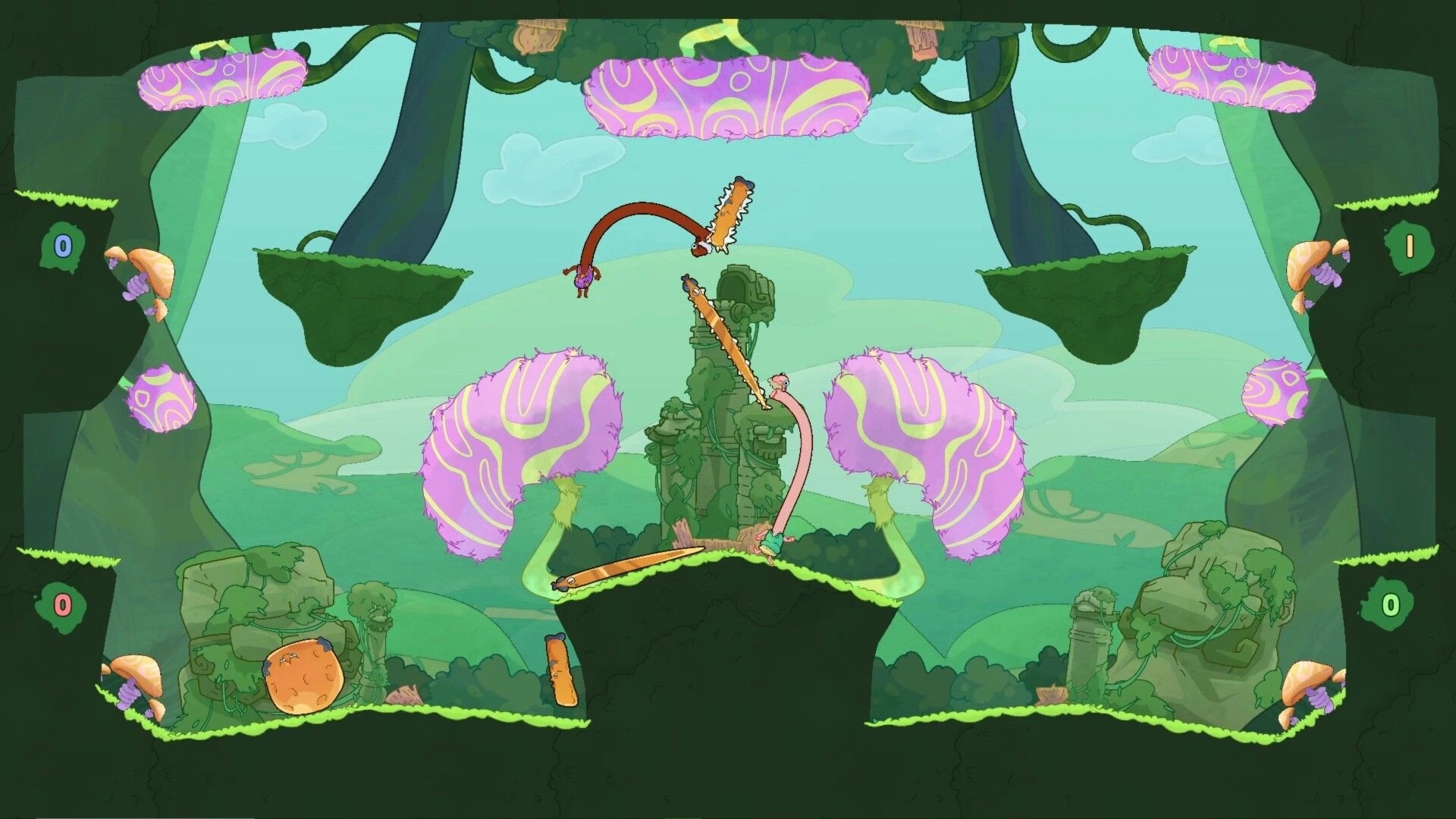 Esophaguys: Characters with long necks swinging and biting on platforms in a lush, green jungle setting