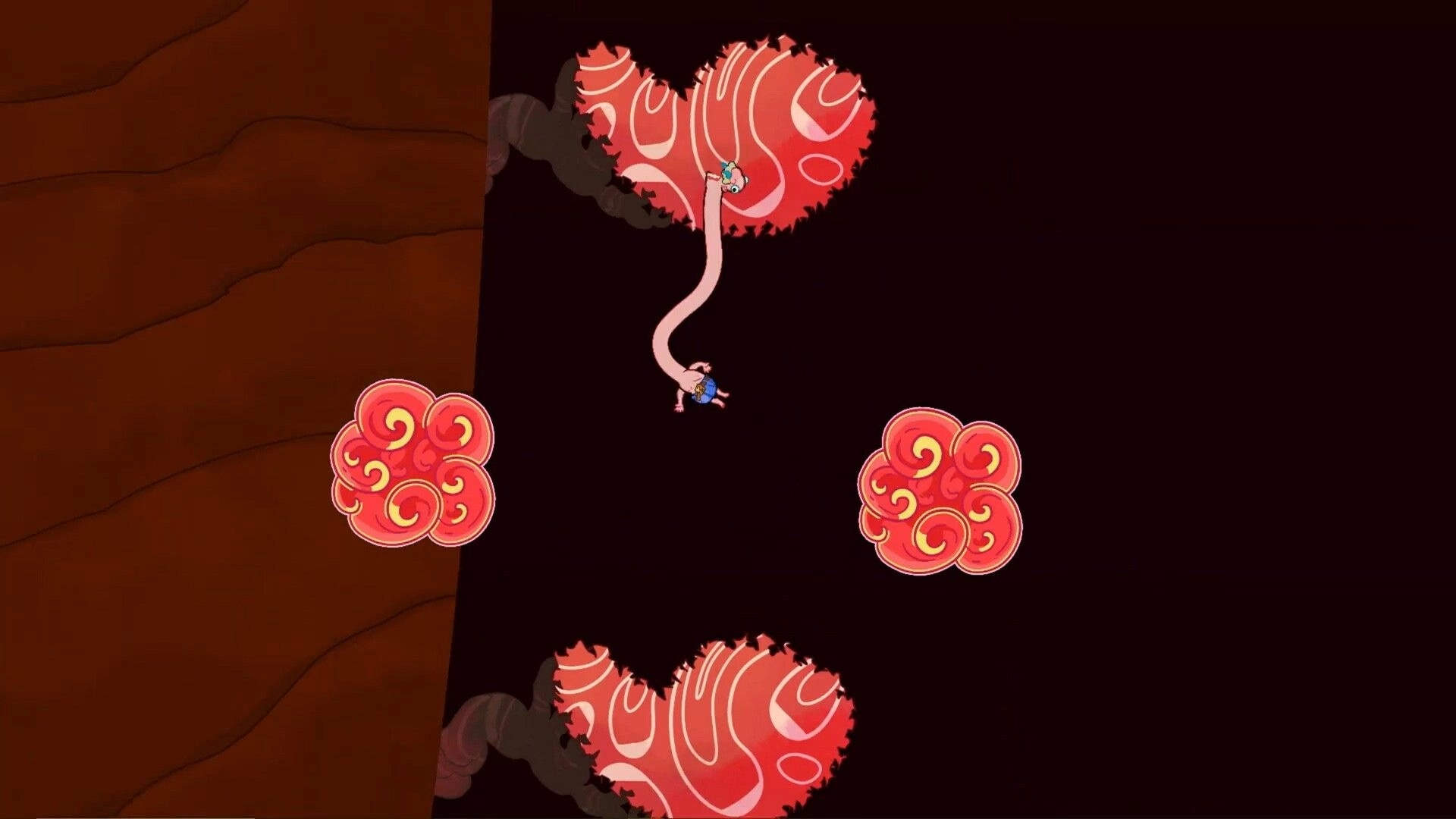 Esophaguys: Character swings from a long neck between swirling red platforms in a dark cavern setting.