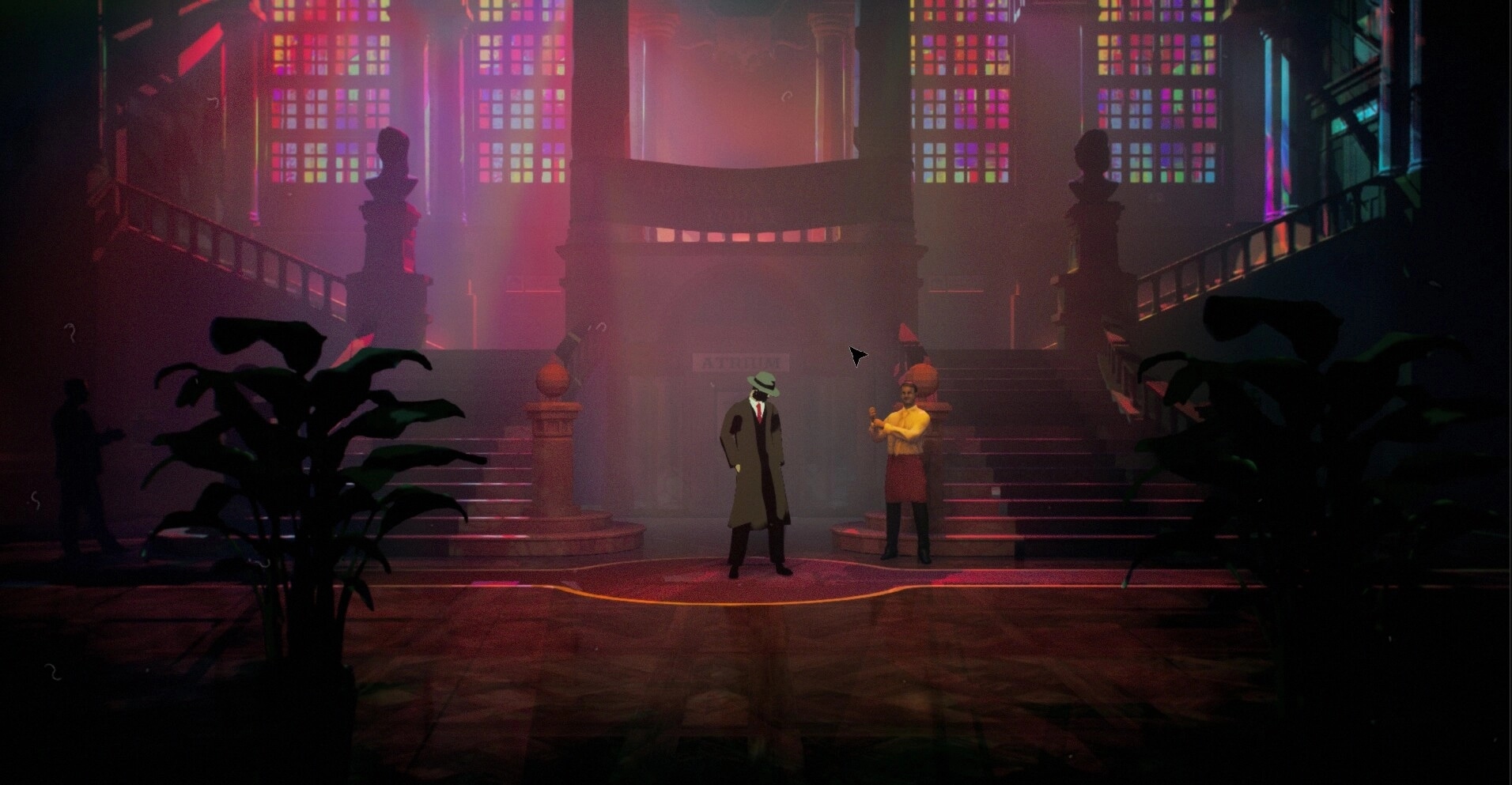 Espionage: Spy in trench coat confronts guard in dimly lit atrium with colorful stained glass windows.