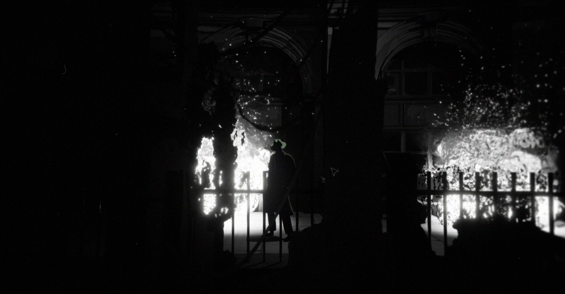 Espionage: Silhouette of a spy in front of a burning building, casting dramatic shadows in darkness.