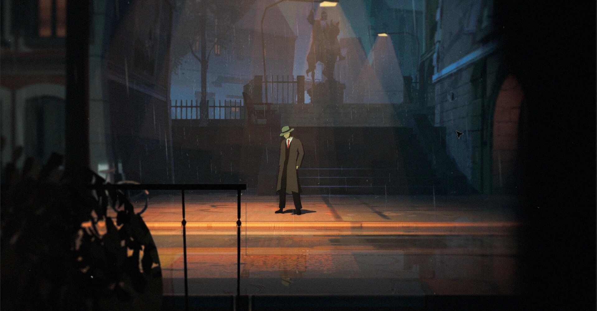 Espionage: Lone spy in trench coat stands under streetlights in a rainy, deserted city square.