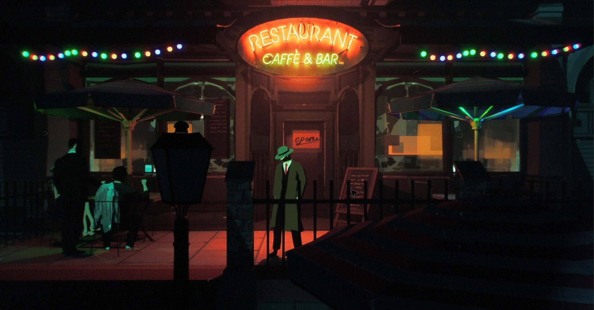 Espionage: Spy in trench coat outside a dimly lit café with neon sign and colorful lights at night