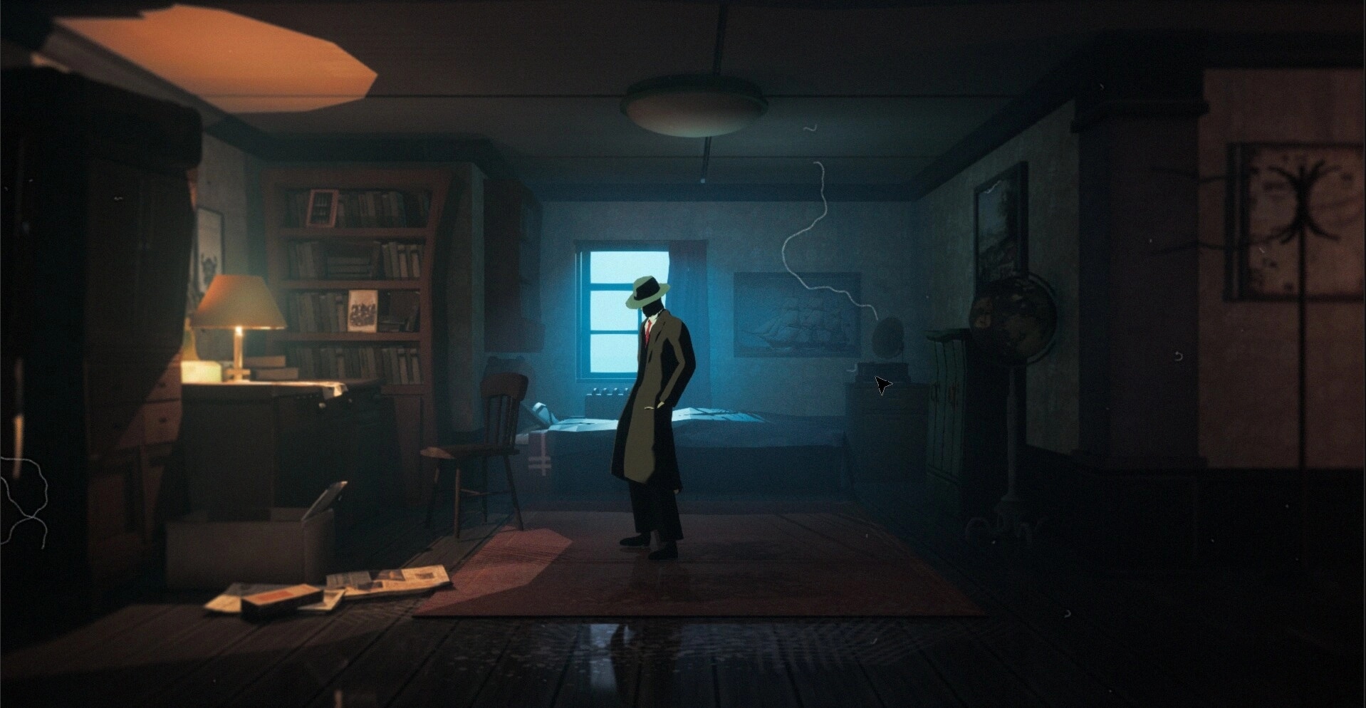 Espionage: Spy in trench coat stands in dimly lit room with bookshelves and window overlooking night sky