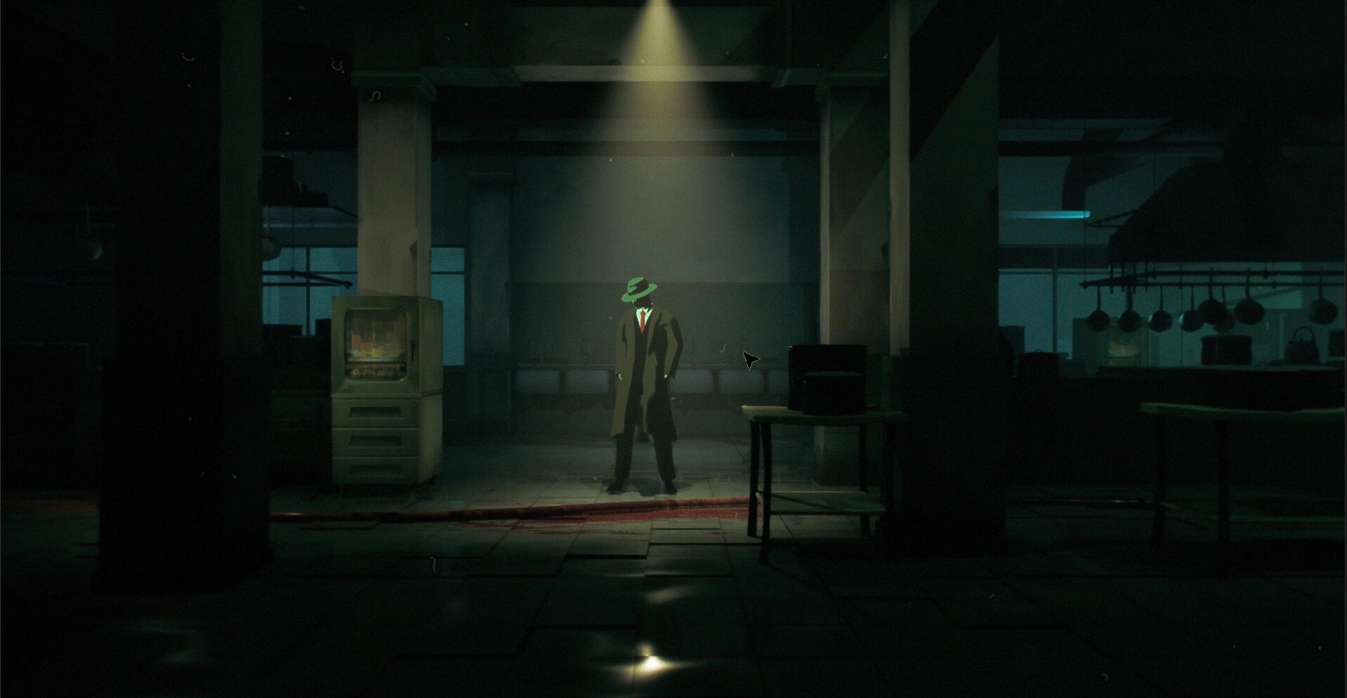 Espionage: Spy in trench coat stands under spotlight in dimly lit kitchen with industrial decor