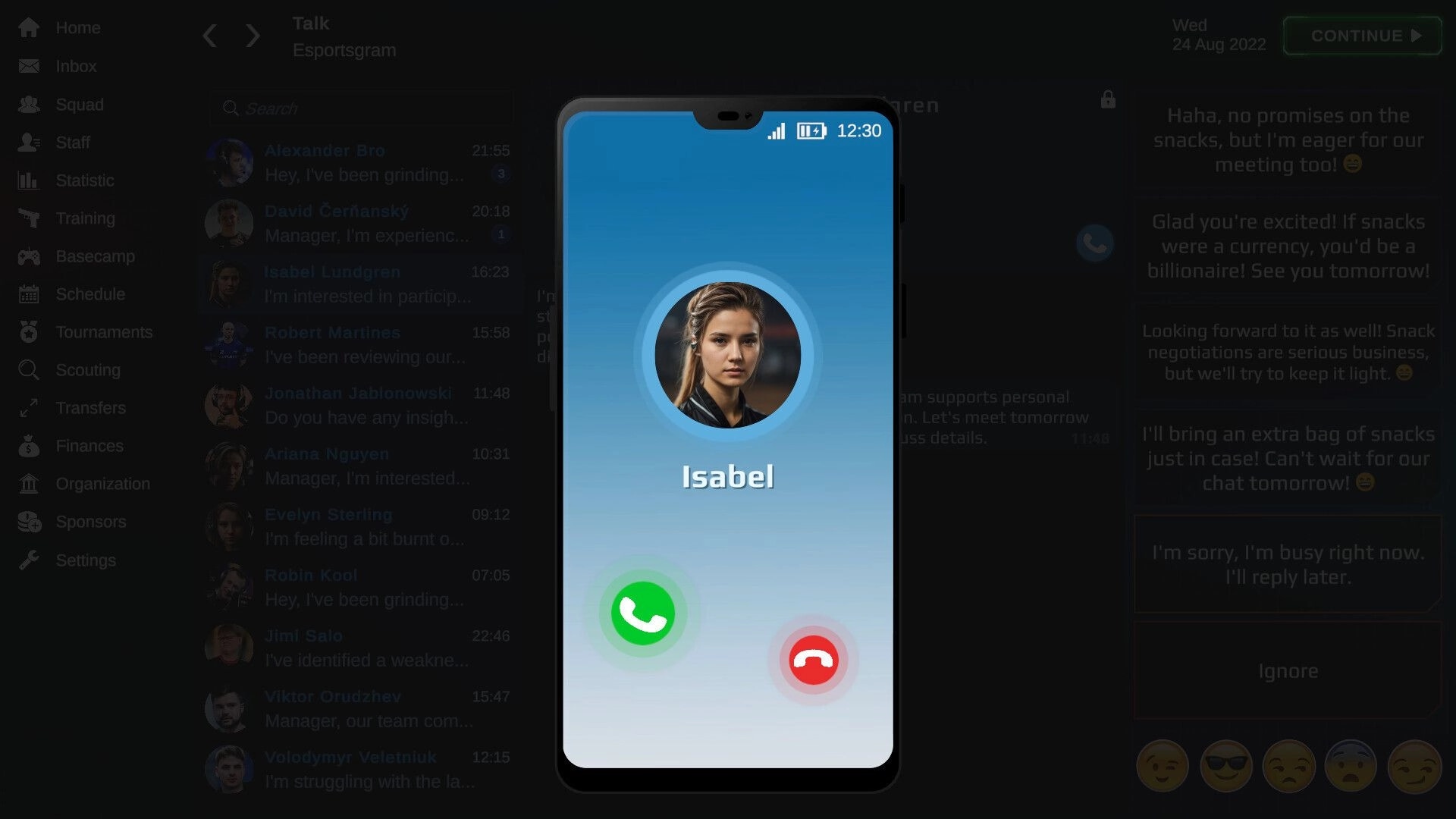 Esports Manager 2026: Incoming call from Isabel on virtual smartphone interface in messaging menu