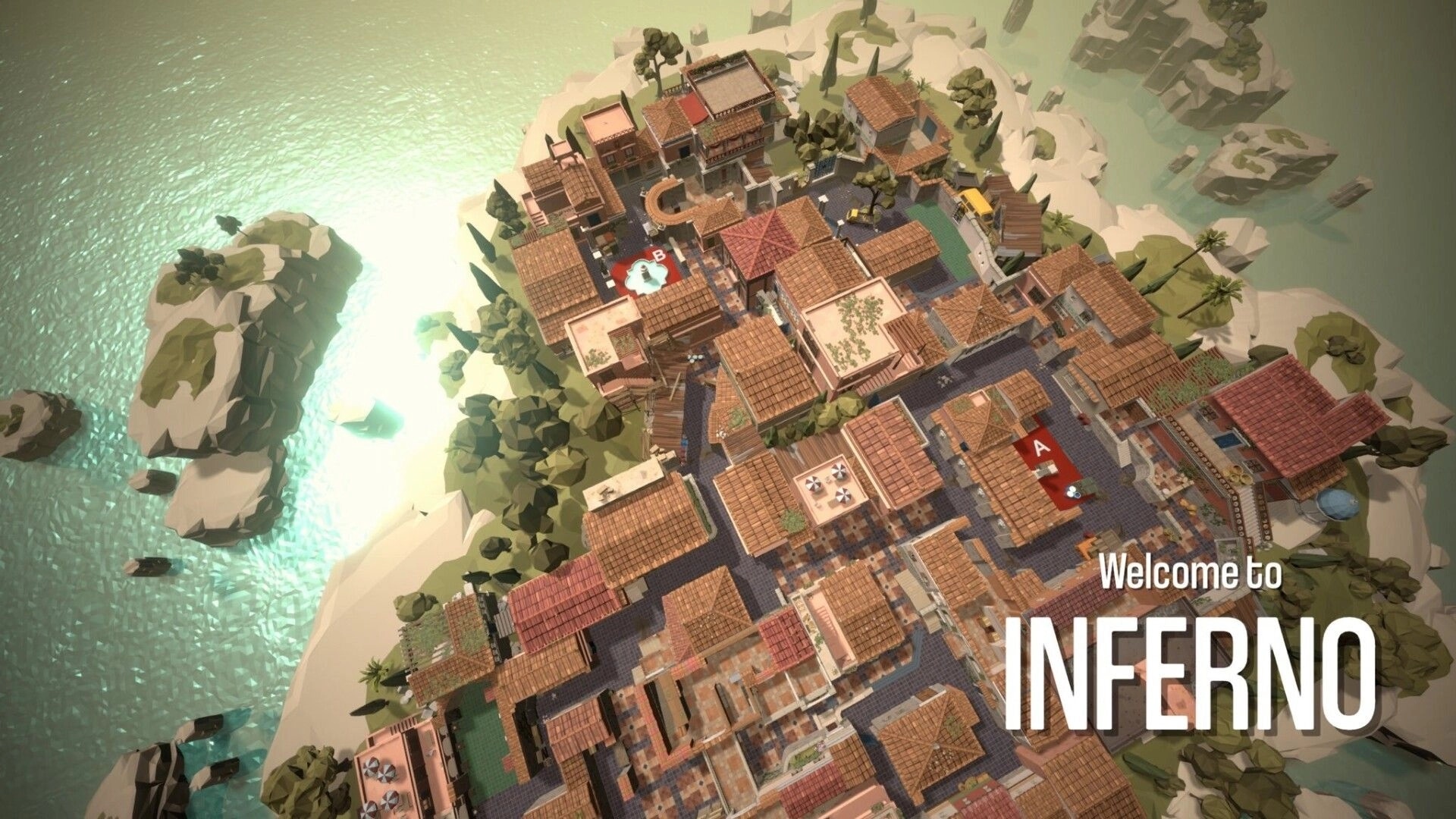 Esports Manager 2026: Aerial view of a Mediterranean-style map labeled "Welcome to Inferno"