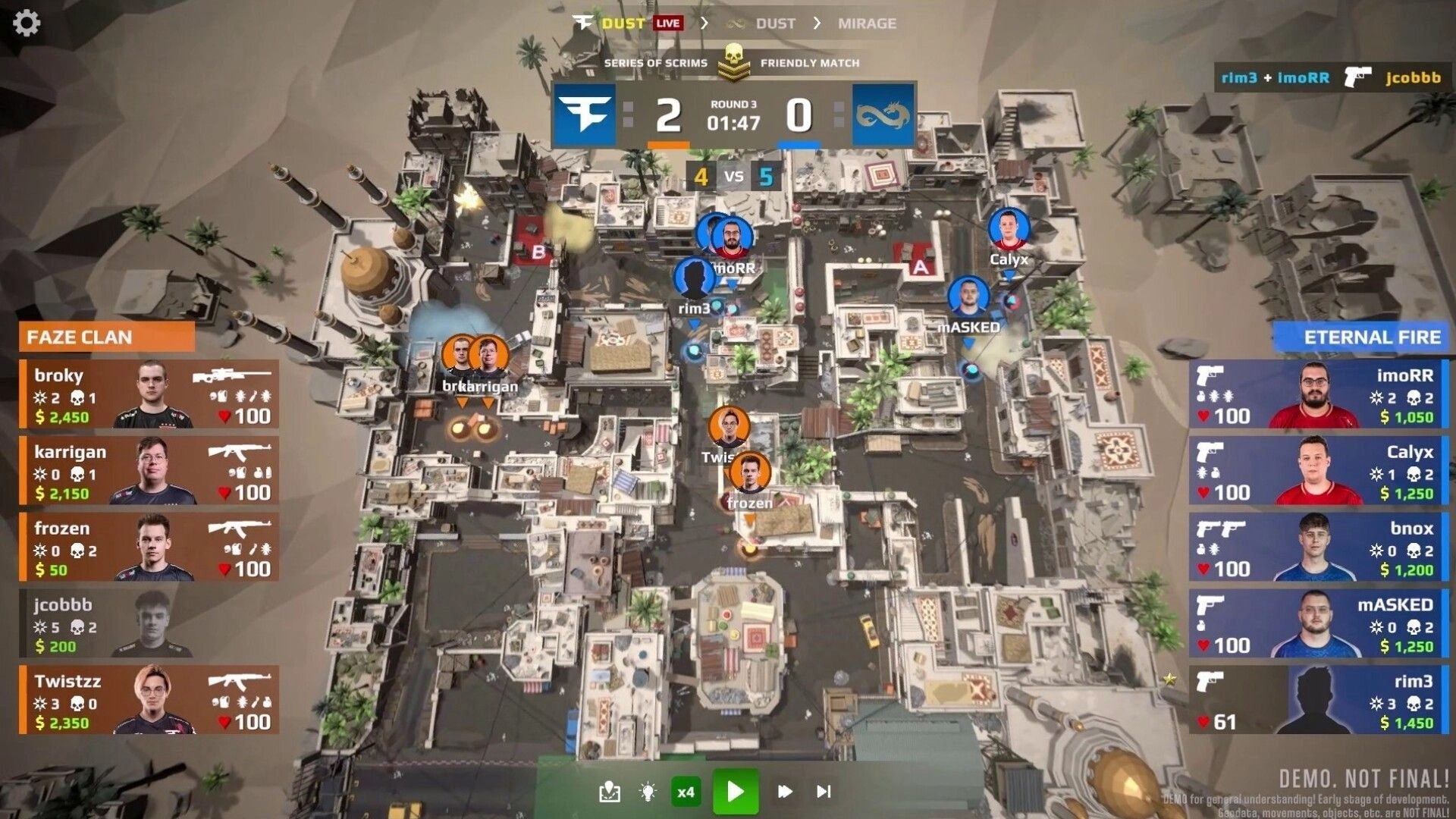 Esports Manager 2026: Overhead tactical map with player icons and team stats in a desert-themed layout