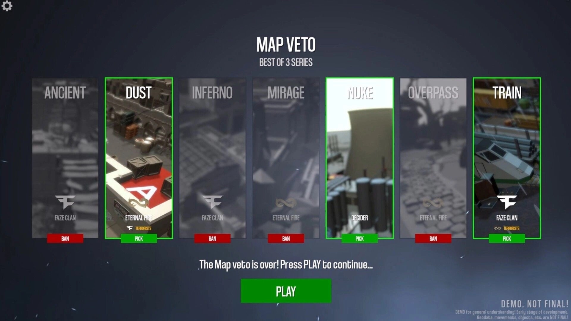 Esports Manager 2026: Map veto screen displaying six maps with team picks and bans in best of 3 series.