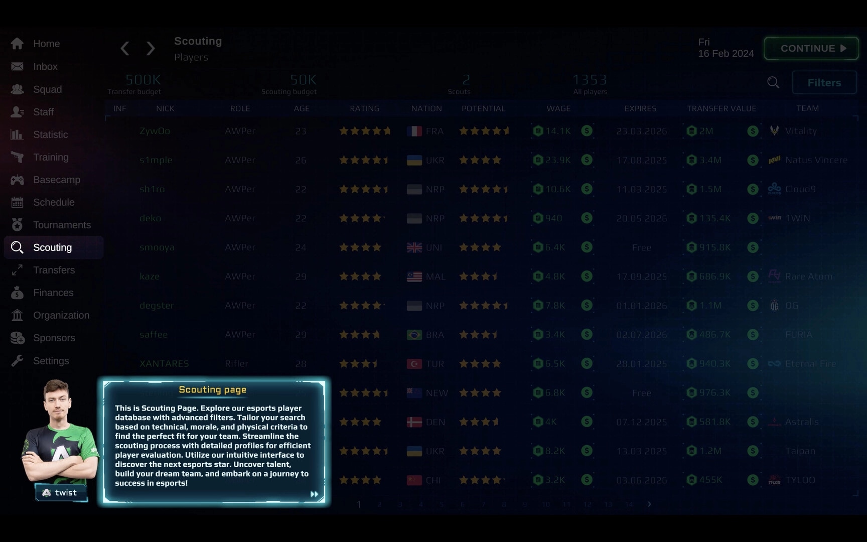 Esports Manager 2026: Scouting page with player ratings, roles, potential, wages, and team details visible.