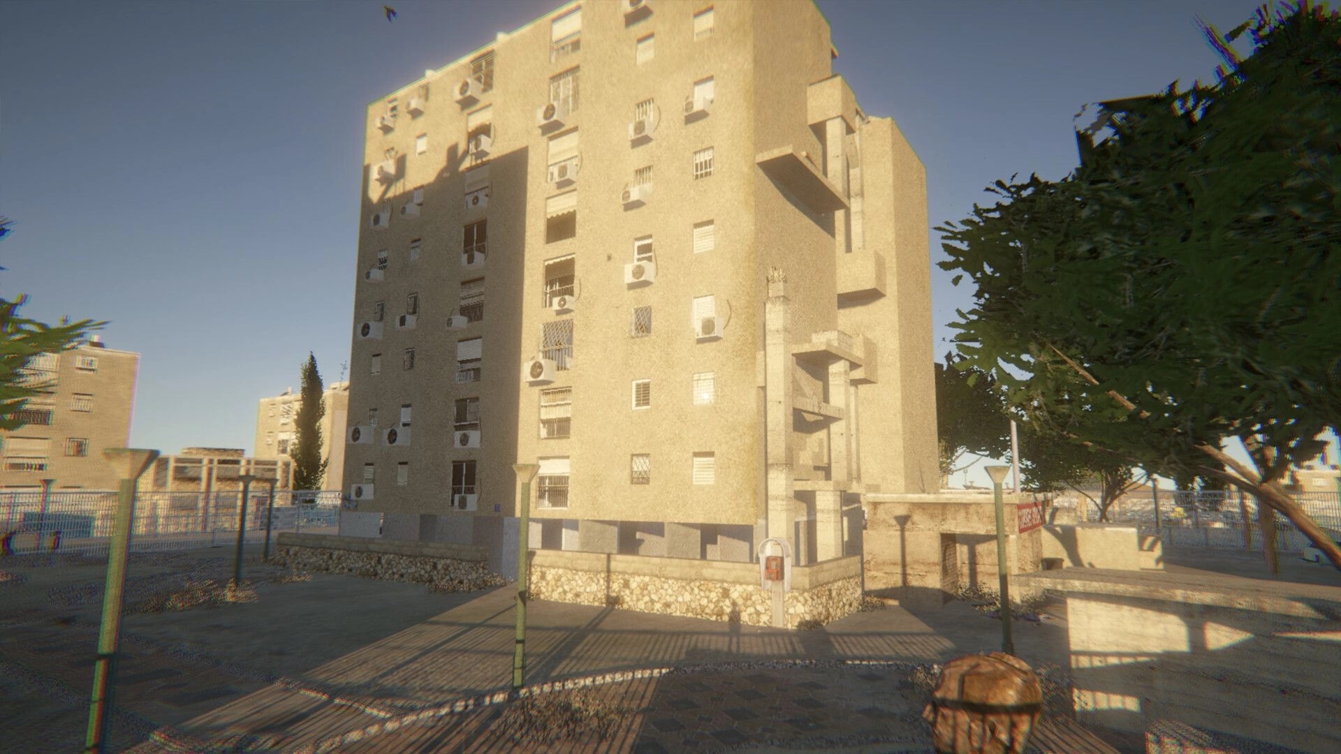 Eternal Afternoon: Strolling past sunlit apartment buildings in a quiet, nostalgic neighborhood setting.