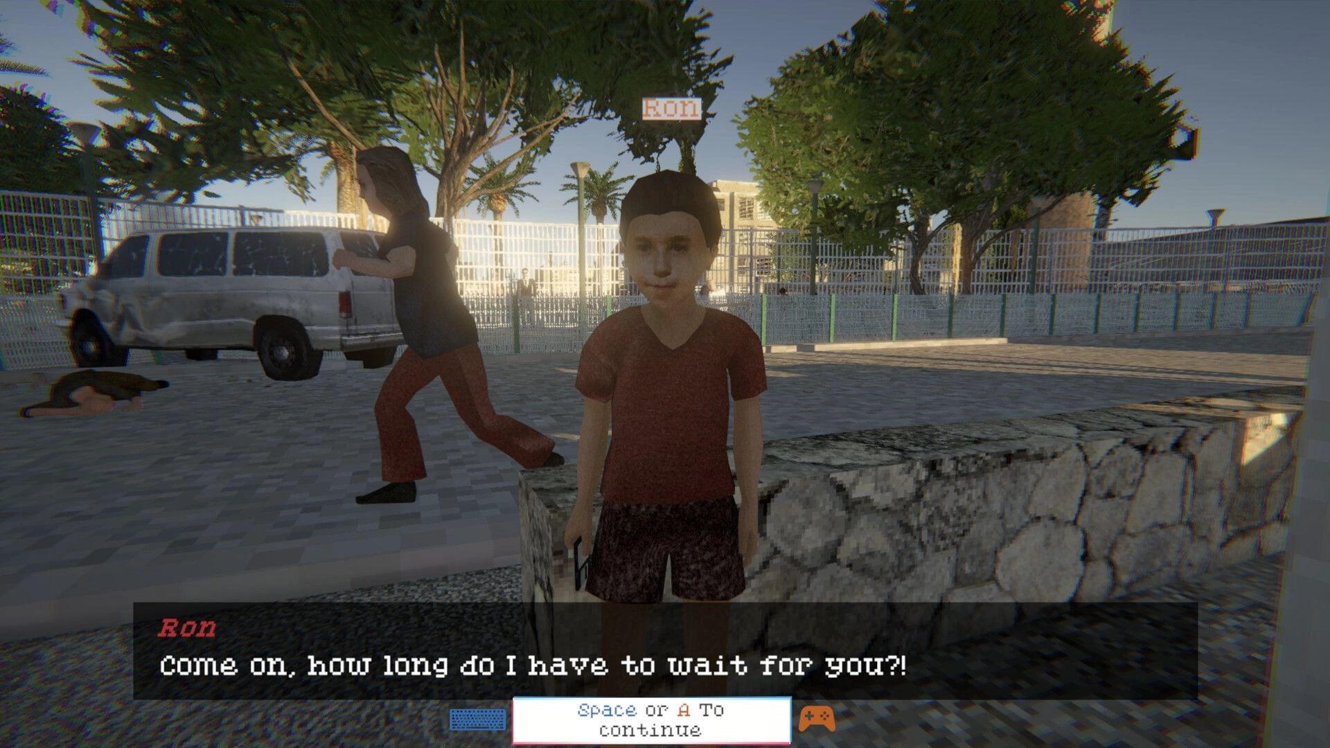Eternal Afternoon: Ron stands in a neighborhood with dialogue options and a van in the background.