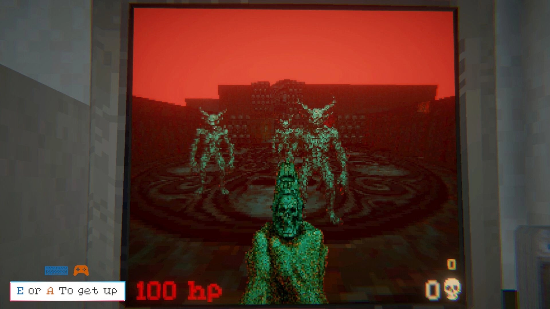 Eternal Afternoon: First-person view of eerie creatures in a red-hued courtyard with health UI displayed