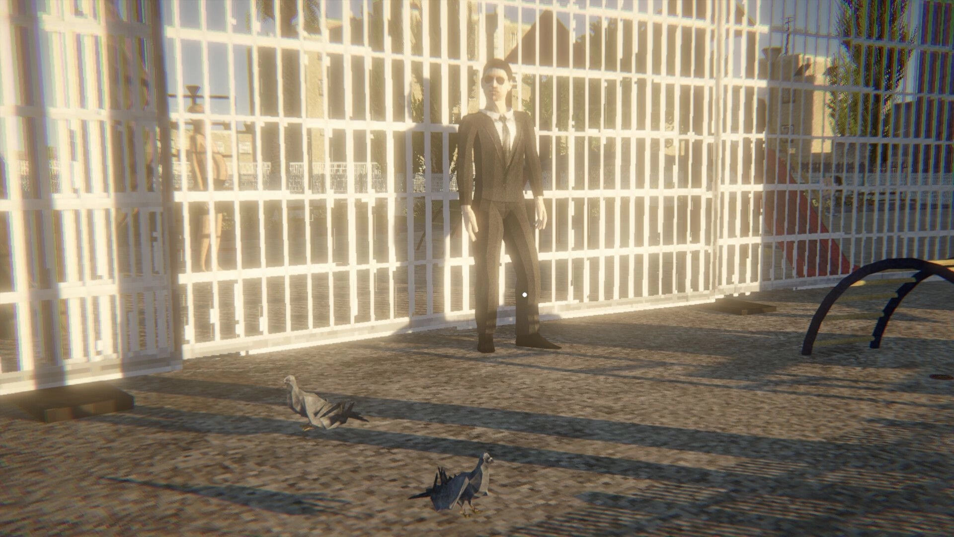 Eternal Afternoon: Man in a suit stands by white fence with pigeons nearby in a sunlit urban park.