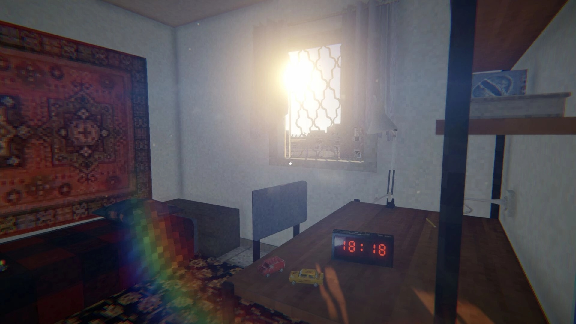Eternal Afternoon: Sunlit room with digital clock showing 18:18, toys on table, and patterned carpet.