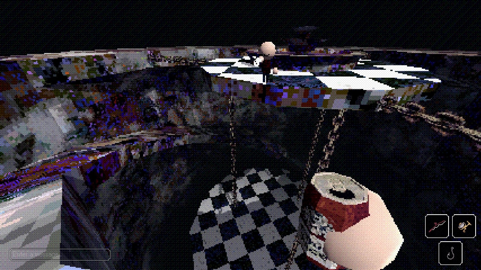 Eternal Angler: First-person view holding a jug on a ruined rooftop above a checkerboard pit void.