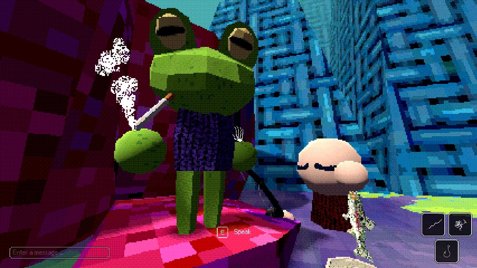 Eternal Angler: Frog-like NPC with cigarette and E Speak prompt in colorful cavern, fishing UI icons visible.