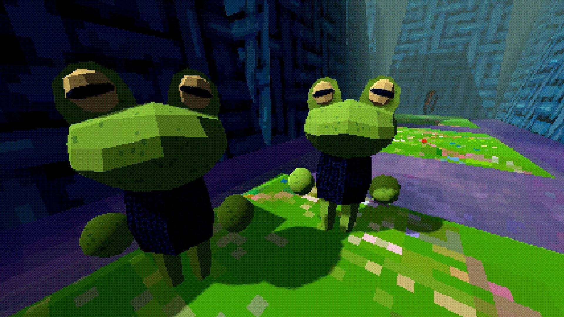 Eternal Angler: Two blocky frog-like creatures up close in a dim blue cave with purple water below.