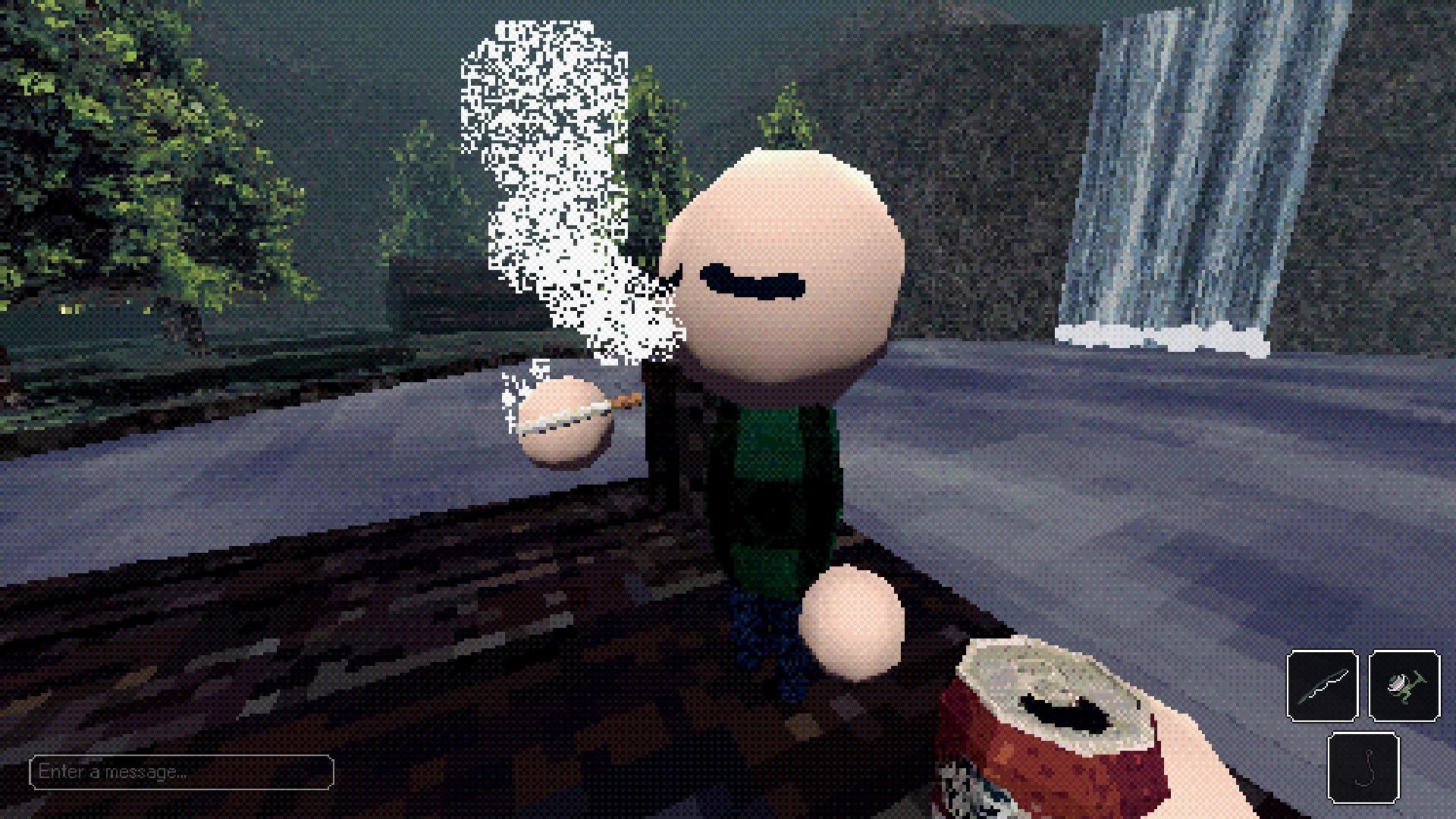 Eternal Angler: First-person view holding bait near a bald avatar on a dock by a waterfall and lake UI icons.
