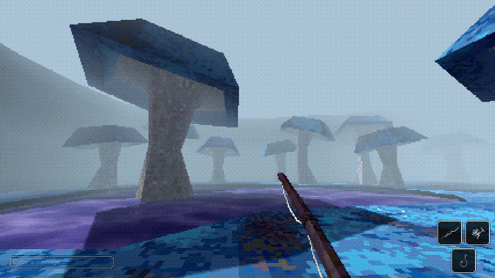 Eternal Angler: First-person fishing rod aimed at misty mushroom islands over purple-blue water UI hotbar.
