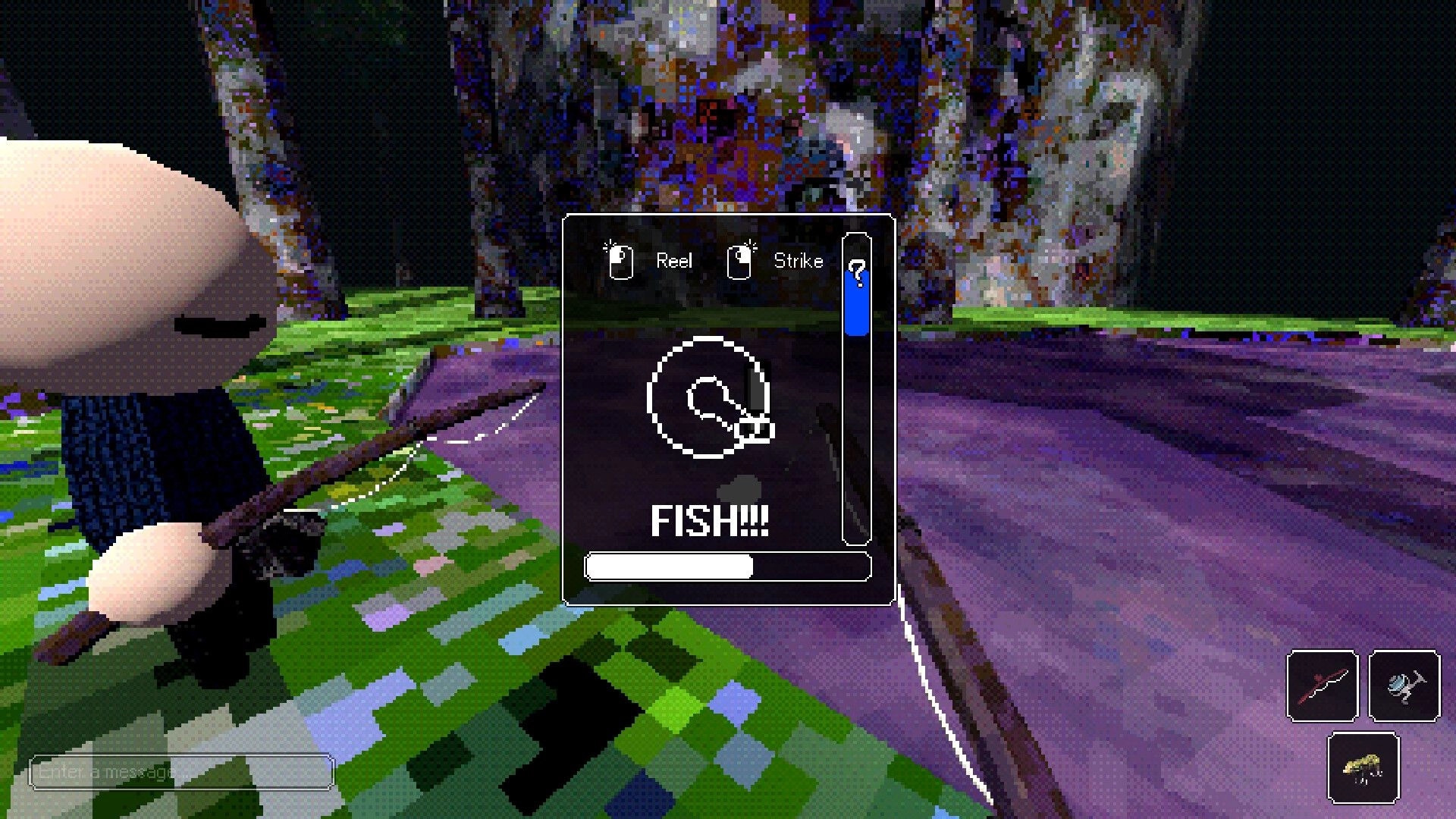 Eternal Angler: Fishing quick-time prompt with reel and strike icons beside a purple riverbank at night.