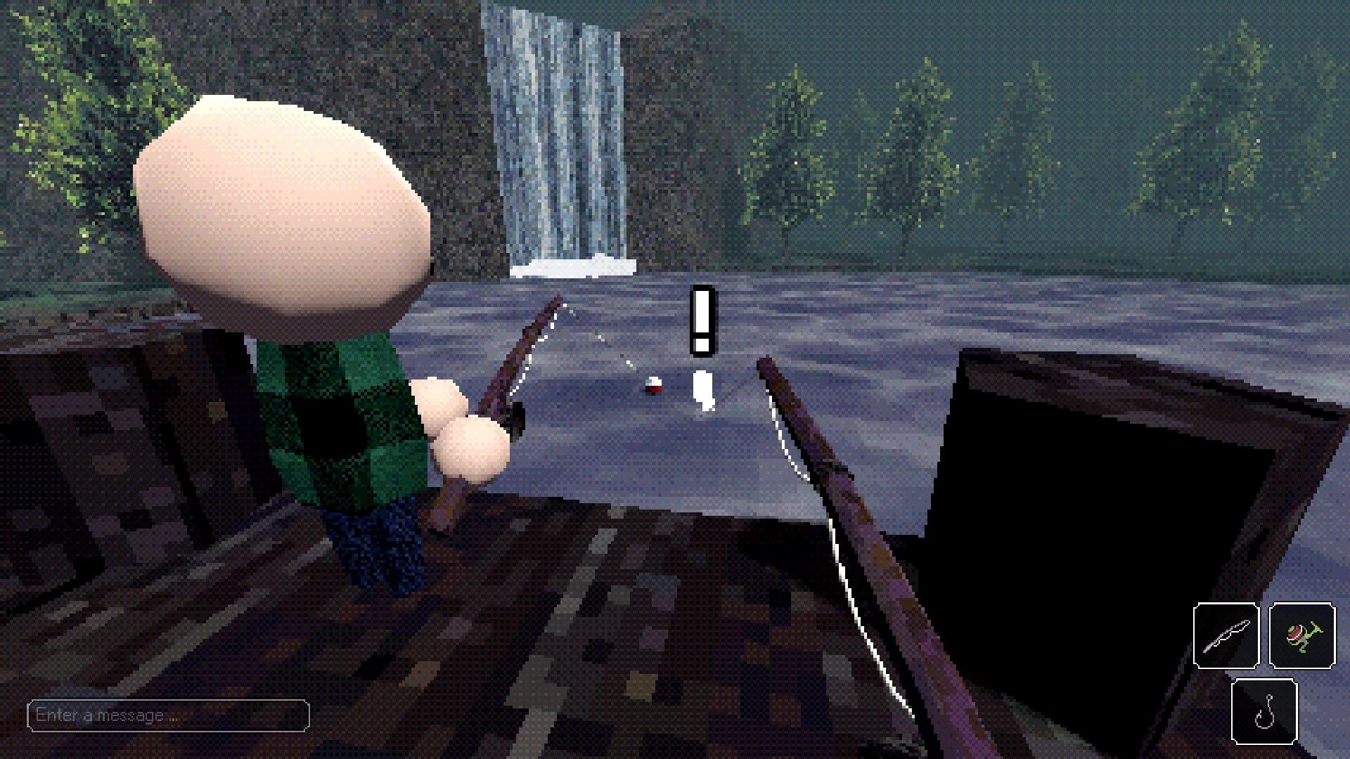 Eternal Angler: Player reels fishing line by a waterfall riverbank, alert icon over bobber and UI icons.