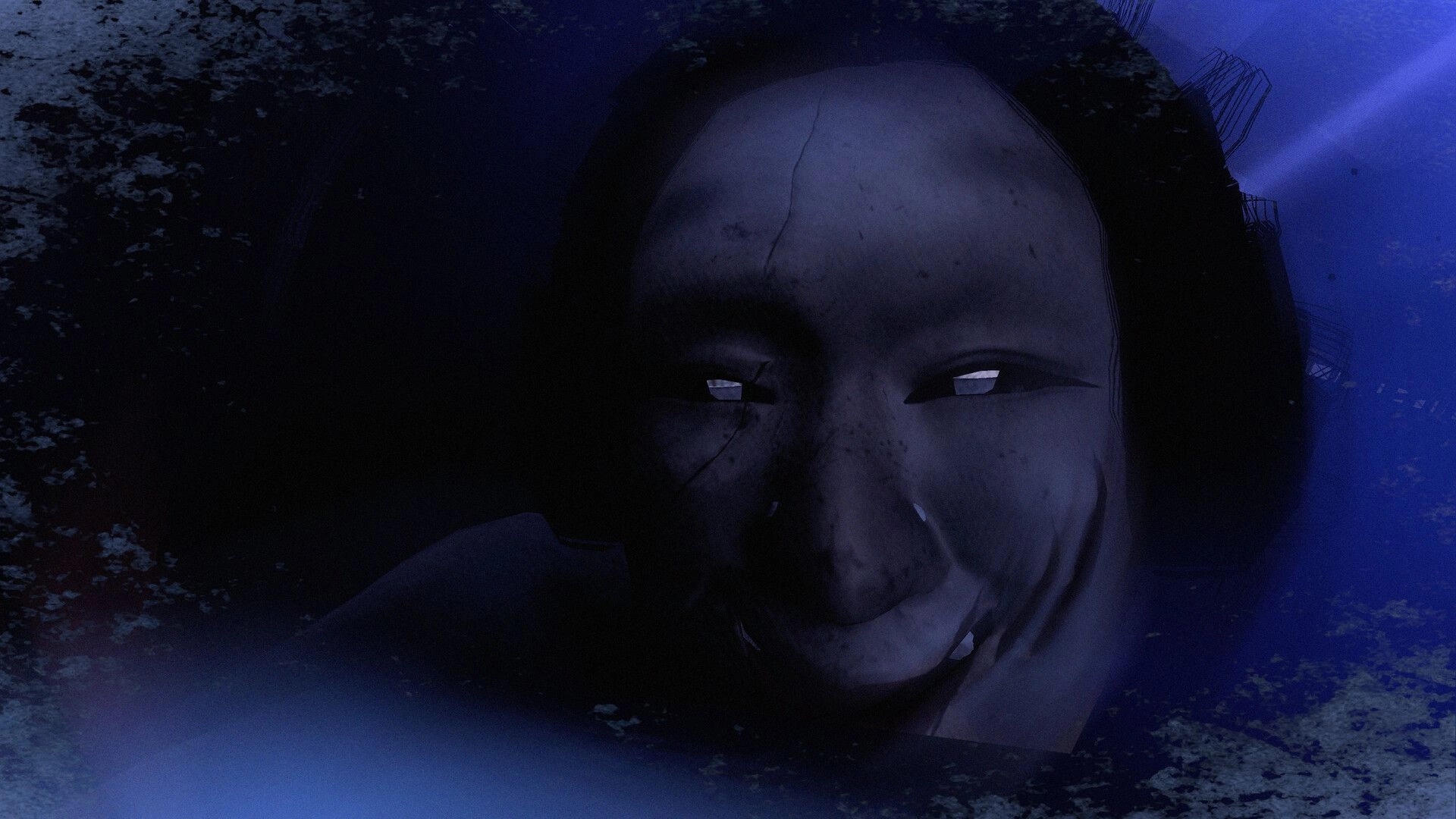 Eternal Haunt: Close-up of a cracked pale face half-buried in snow, blue fog swirling in darkness.