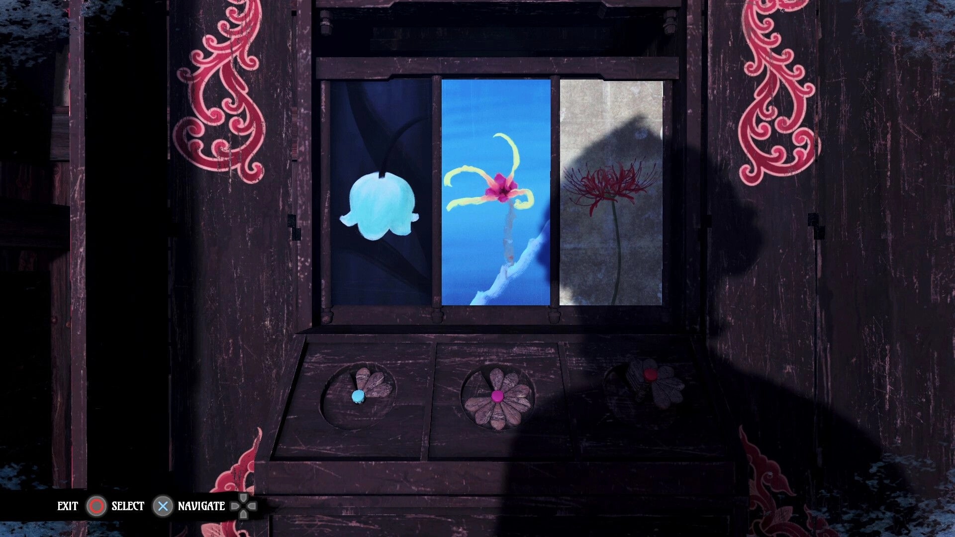 Eternal Haunt: Puzzle panel with three sliding pictures and flower buttons on a dark wooden shrine wall.