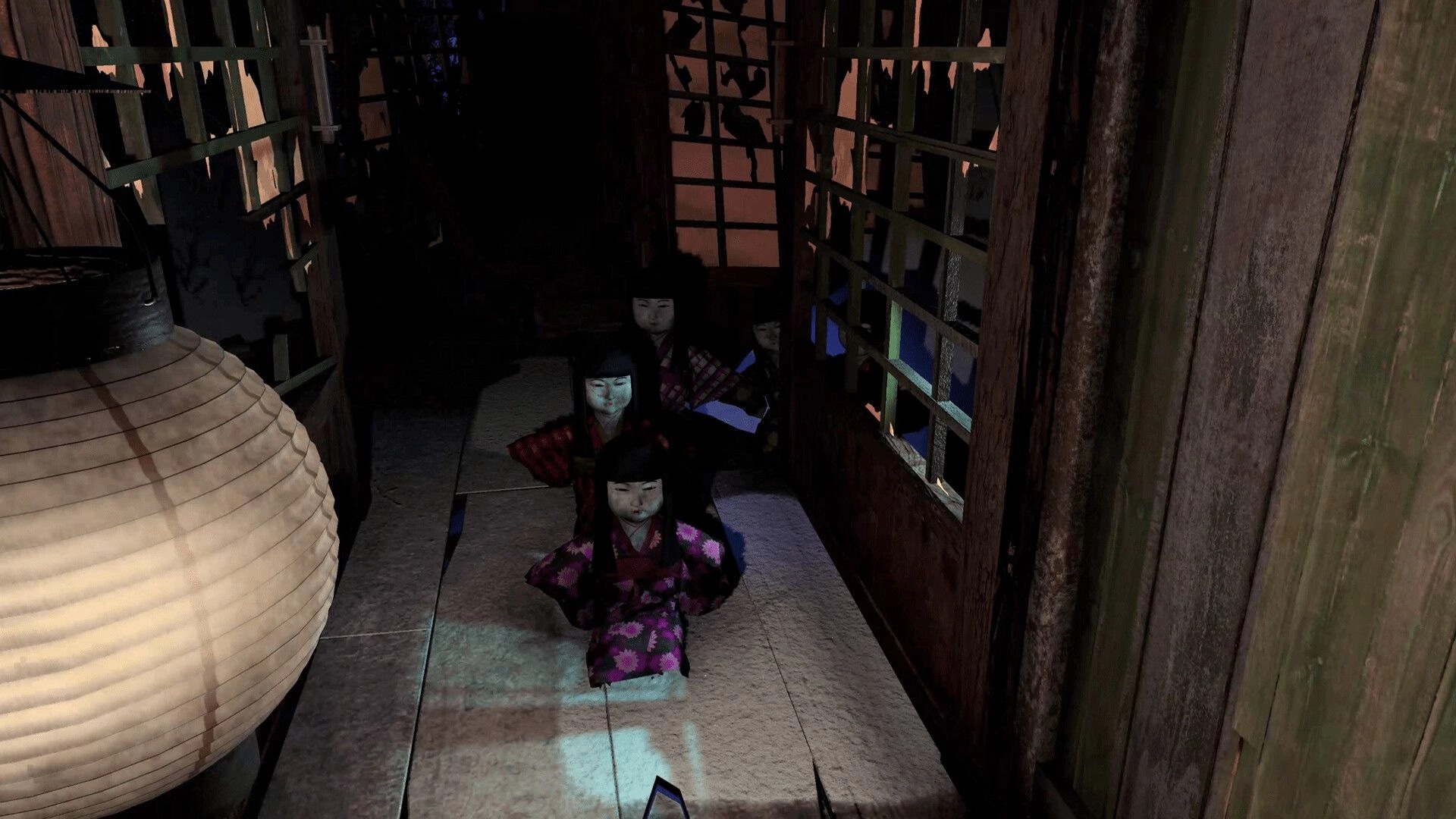 Eternal Haunt: Ghost children dolls line a narrow corridor beside a paper lantern in a ruined house.