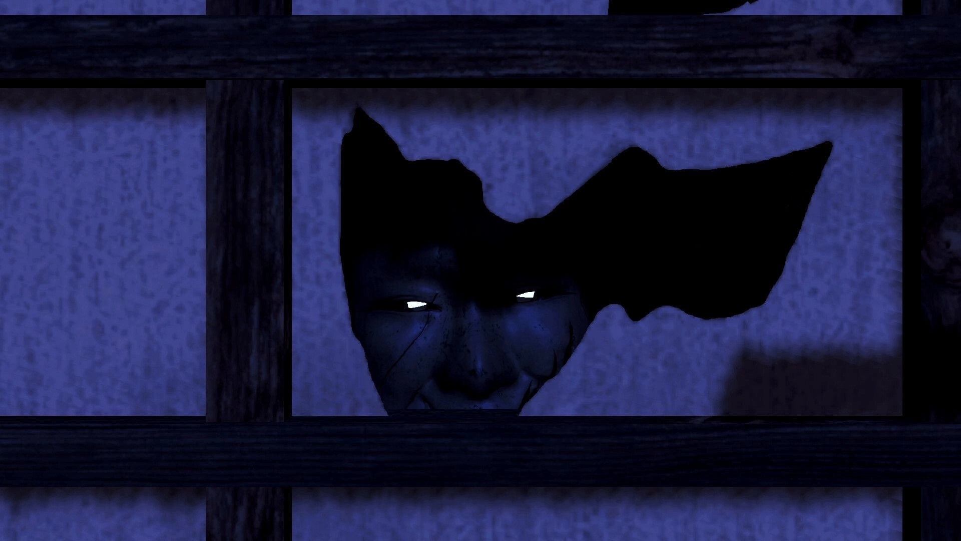 Eternal Haunt: Ghostly face with glowing eyes peers through slats in a dim blue wooden room.