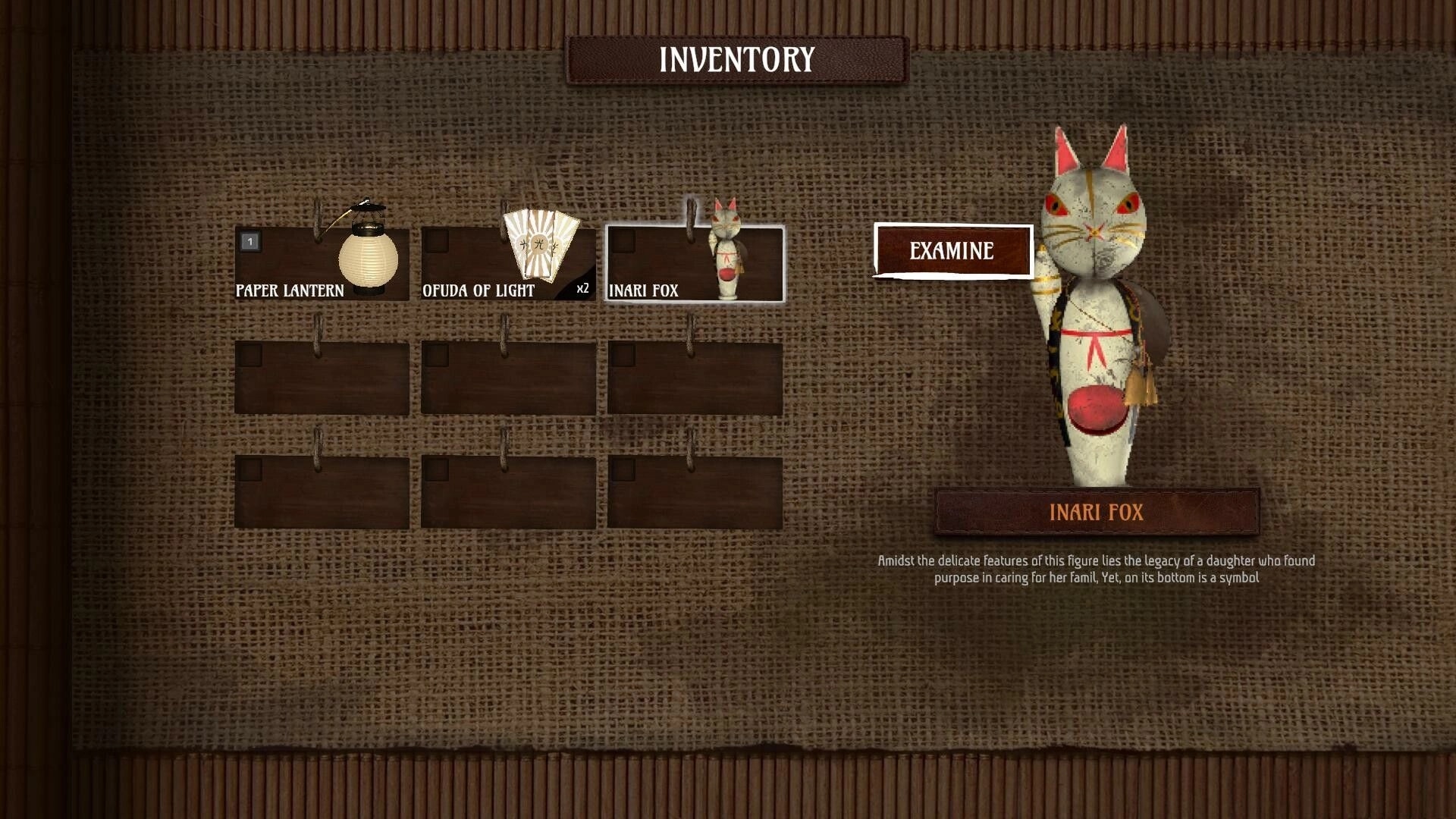 Eternal Haunt: Inventory menu with Inari Fox selected, showing paper lantern and Opuda of Light items.