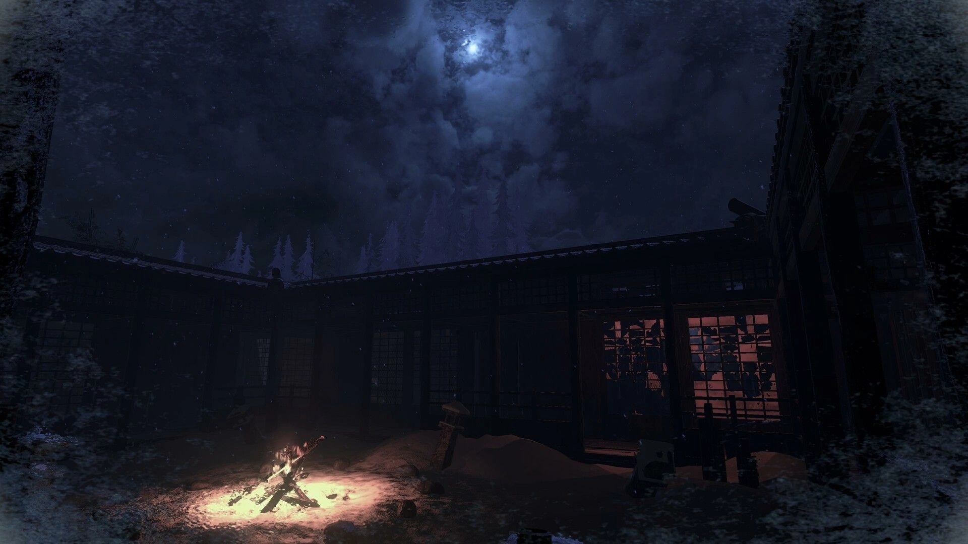 Eternal Haunt: Campfire burning outside a dark wooden house as snow falls under a cloudy moonlit sky.