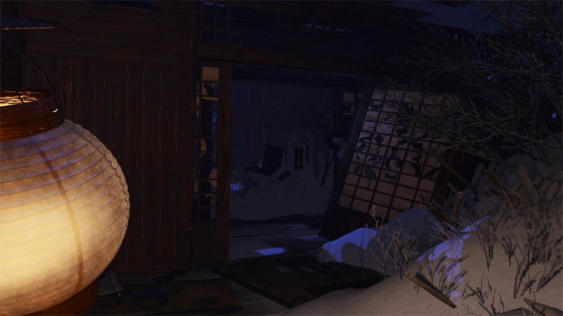 Eternal Haunt: Lantern-lit view of a snowy wooden courtyard with a broken shoji screen and bare trees at night.