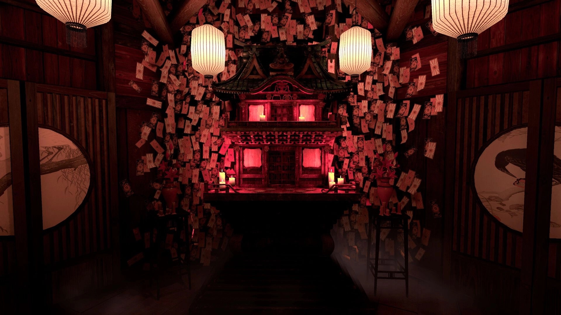 Eternal Haunt: Candlelit shrine altar ahead amid hanging talismans and lanterns in a dark wooden hall.