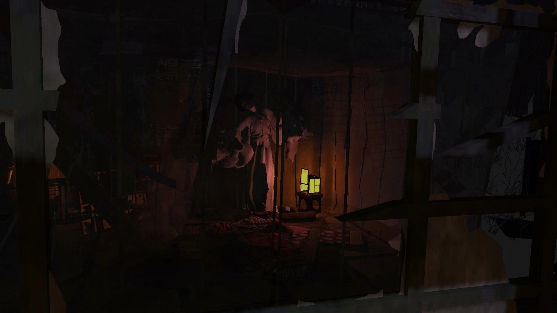 Eternal Haunt: Ghostly woman in a kimono by a lantern inside a dark, torn paper-walled room.