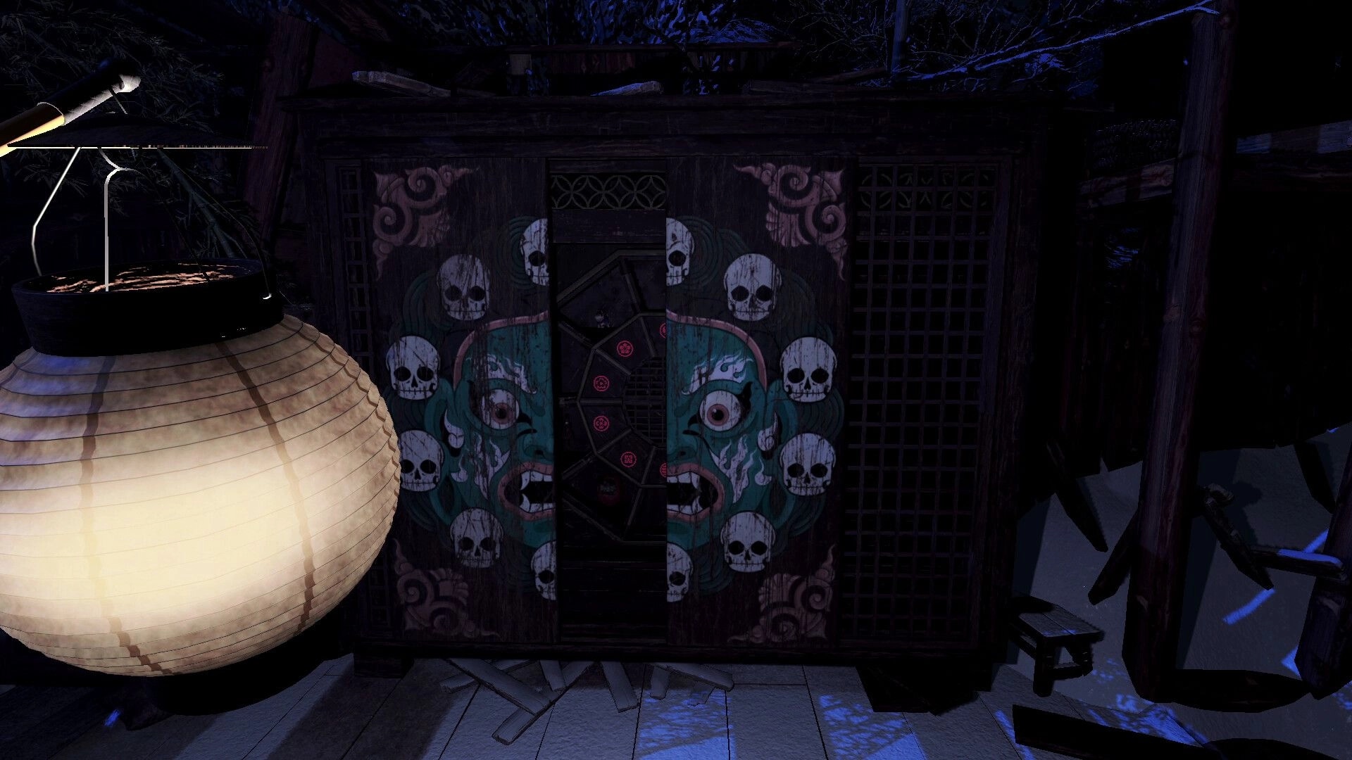Eternal Haunt: Lantern-lit view of painted sliding doors with skull mural and lock wheel in dark shrine room.
