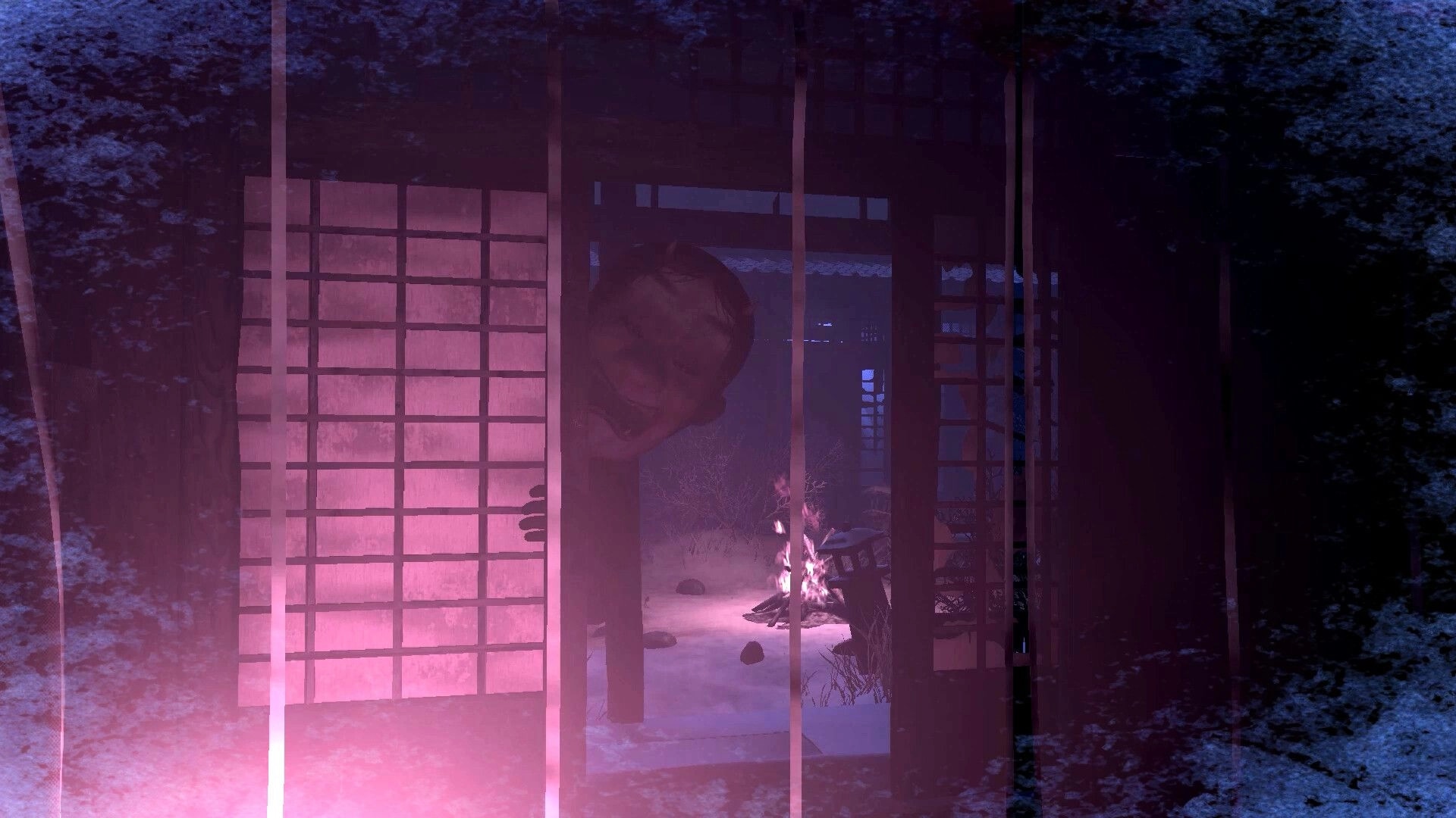 Eternal Haunt: Ghostly figure peers through shoji doorway at snowy courtyard with a small campfire glowing.