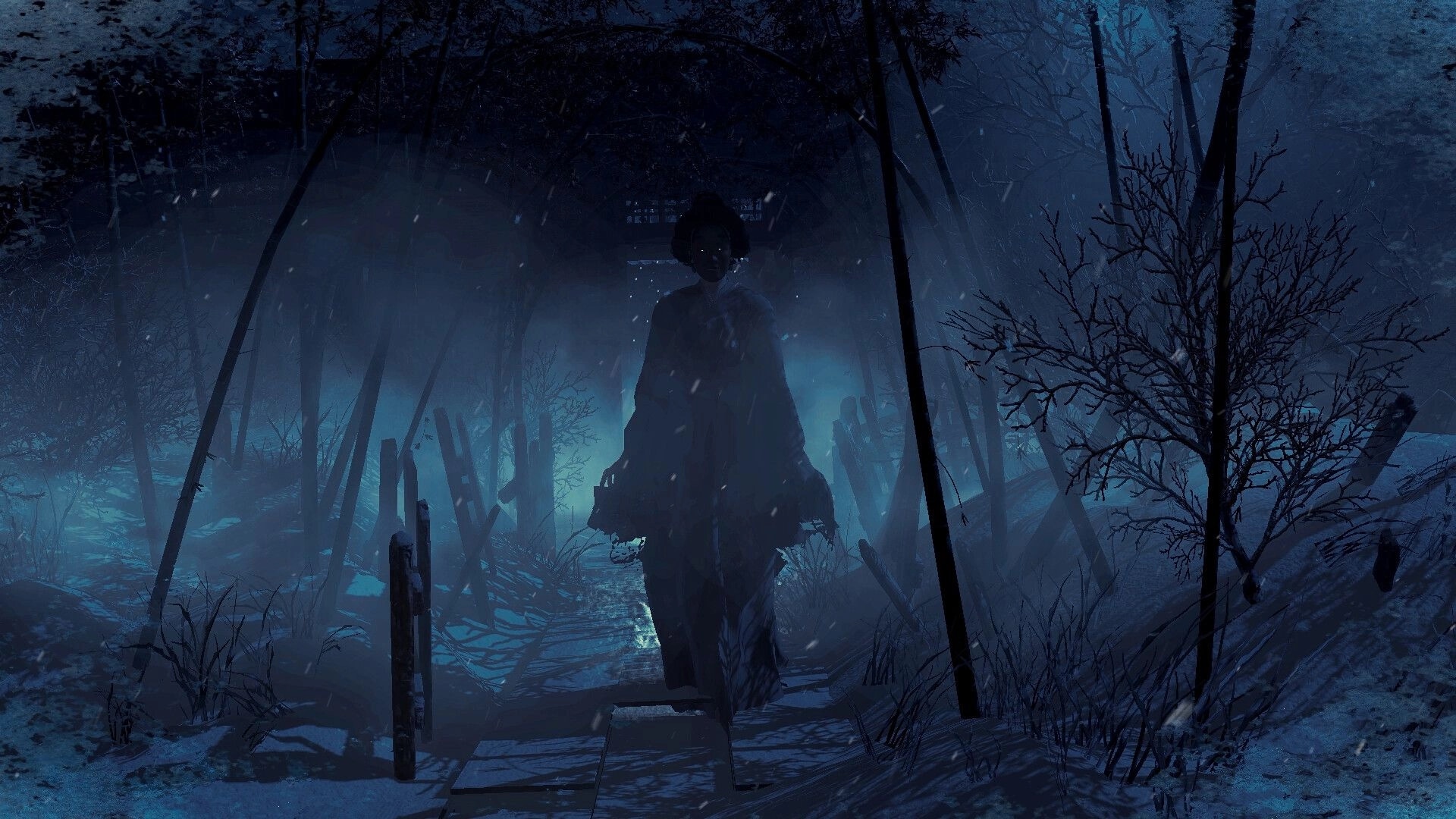 Eternal Haunt: Ghostly woman in kimono approaches through falling snow on a foggy forest path.