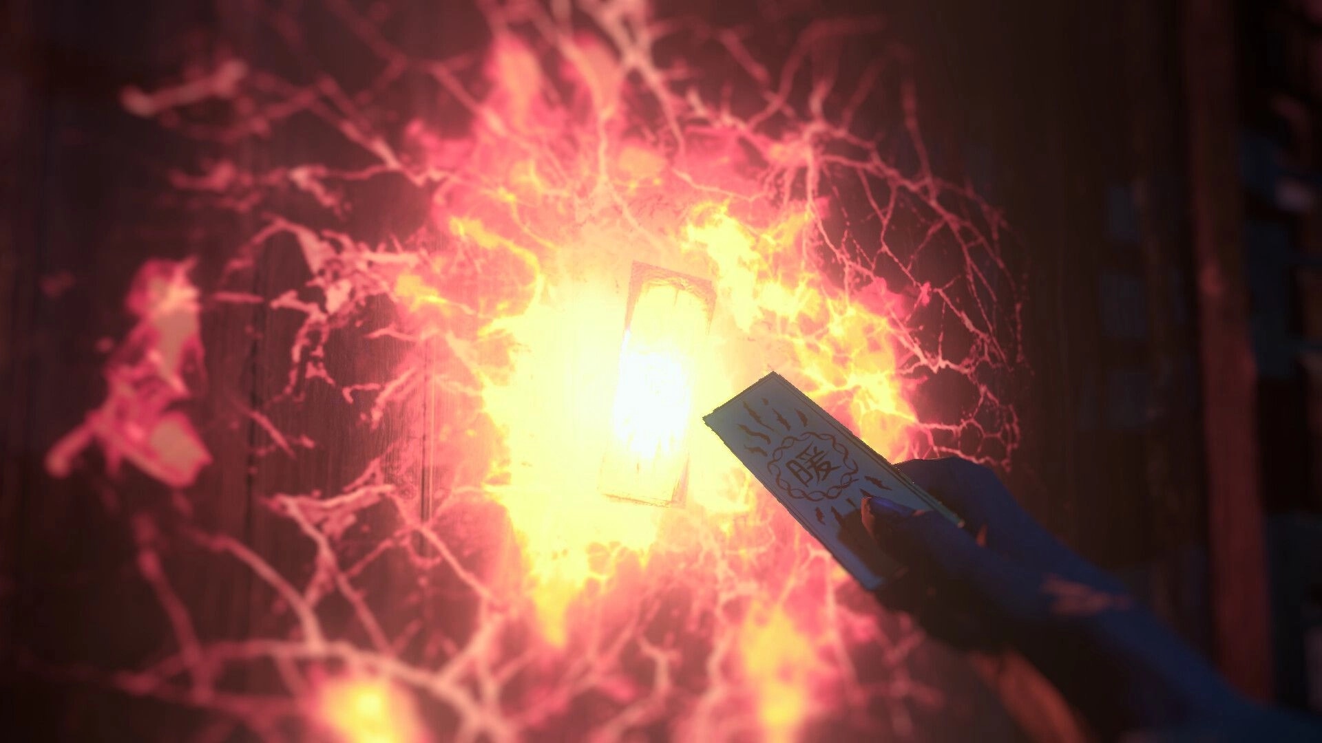 Eternal Haunt: First-person hand holds an ofuda charm as fiery energy bursts in a dark wooden hall.