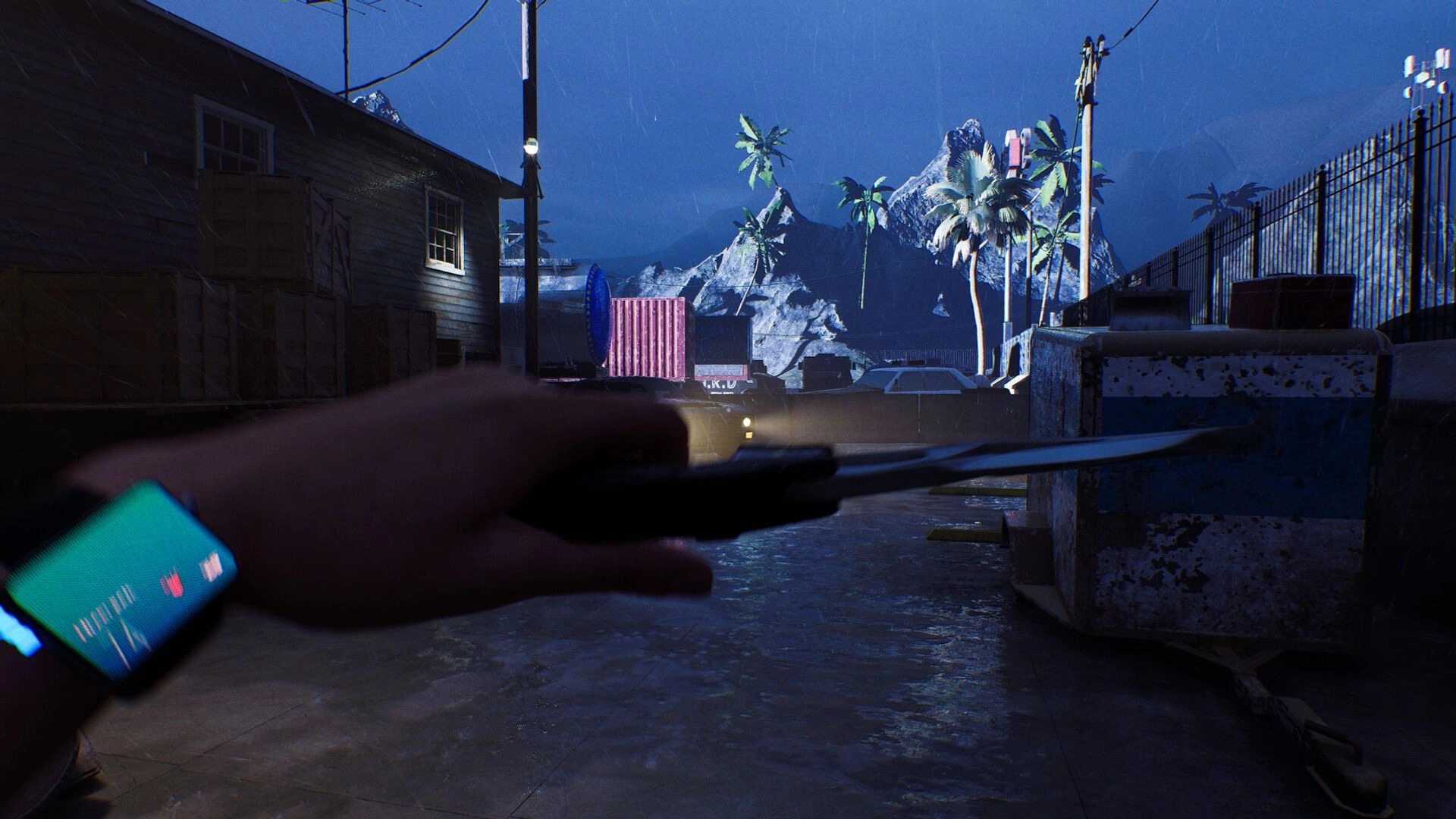 Eternity's Echo: Rayne holds a knife at night in a rain-soaked gas station with distant palm trees.