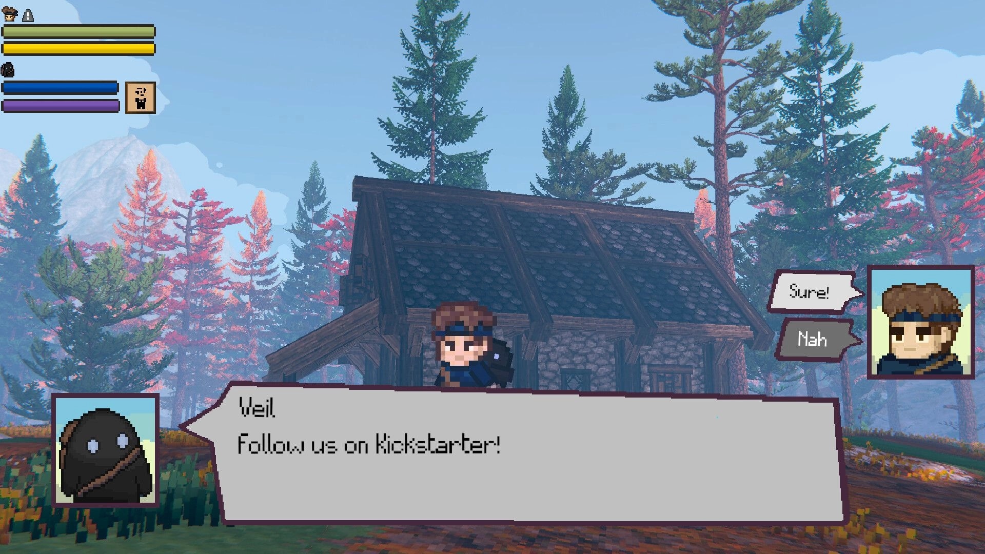 EthrA: Dialogue choice with Veil by a forest cabin, UI bars shown and Sure/Nah options visible.