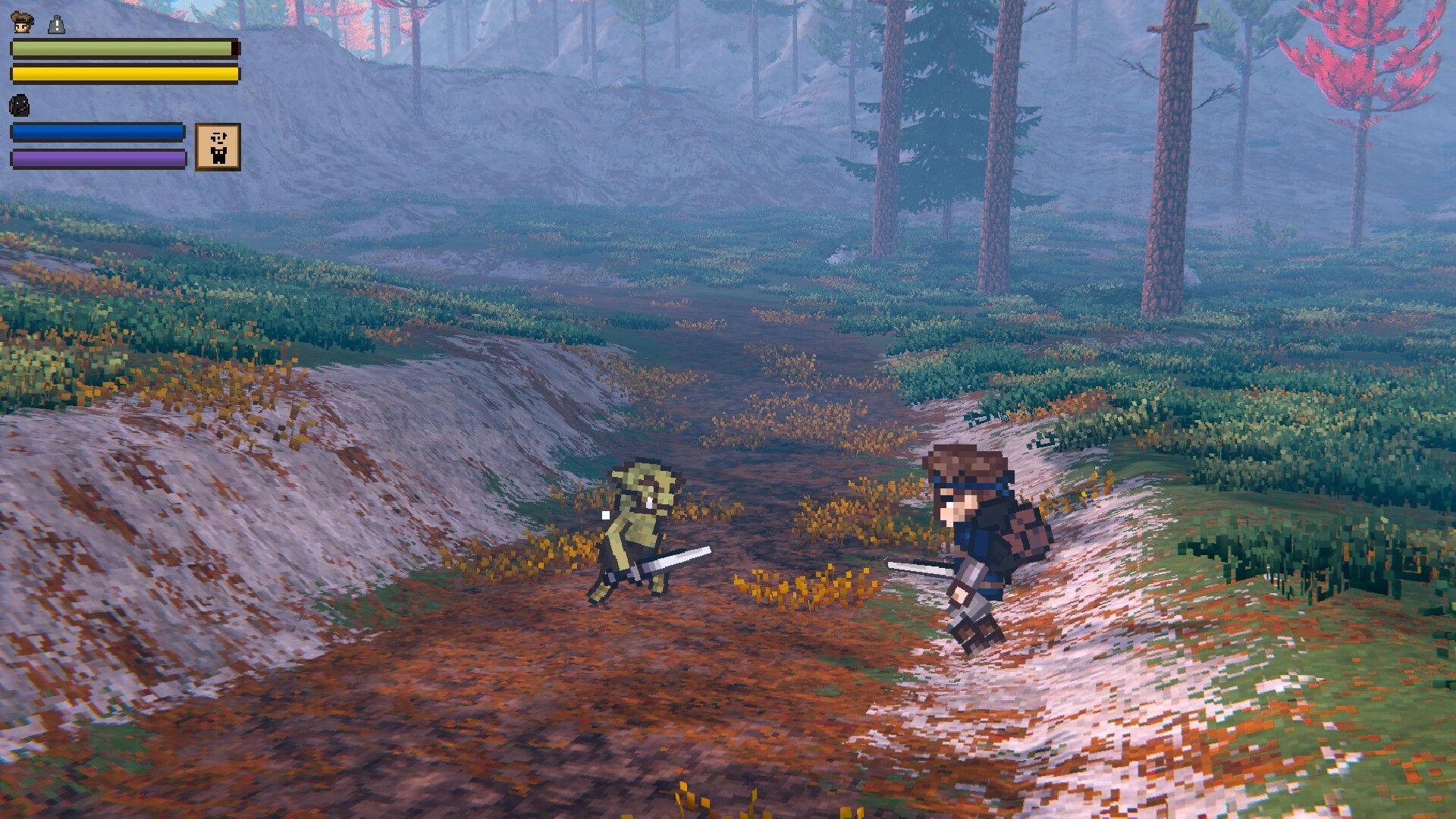EthrA: Sword duel with a goblin on a forest path, HUD status bars visible in misty woods.
