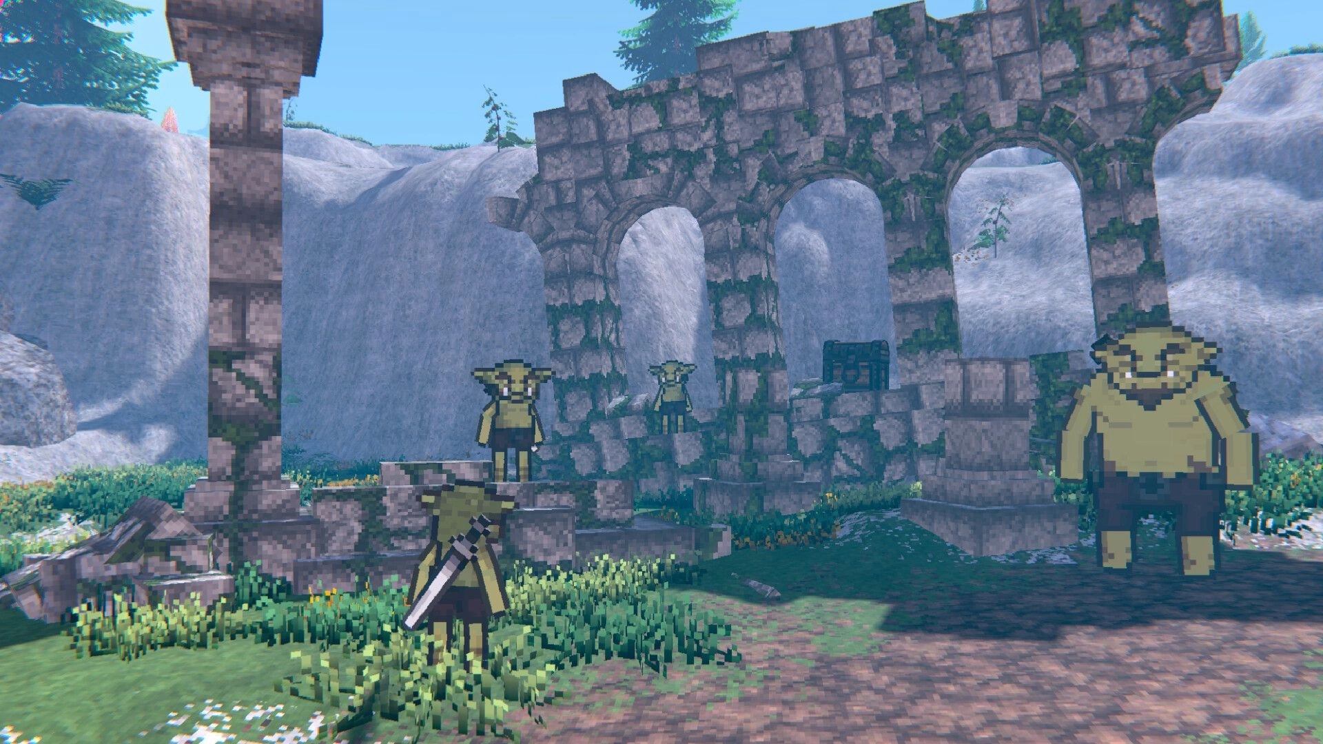 EthrA: Player with sword faces goblin NPCs by mossy stone arches and a chest in ruins.