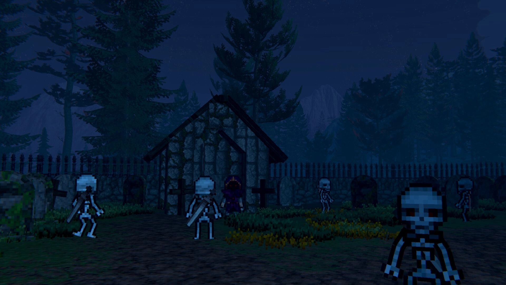 EthrA: Player faces multiple skeletons outside a stone mausoleum in a foggy night graveyard.
