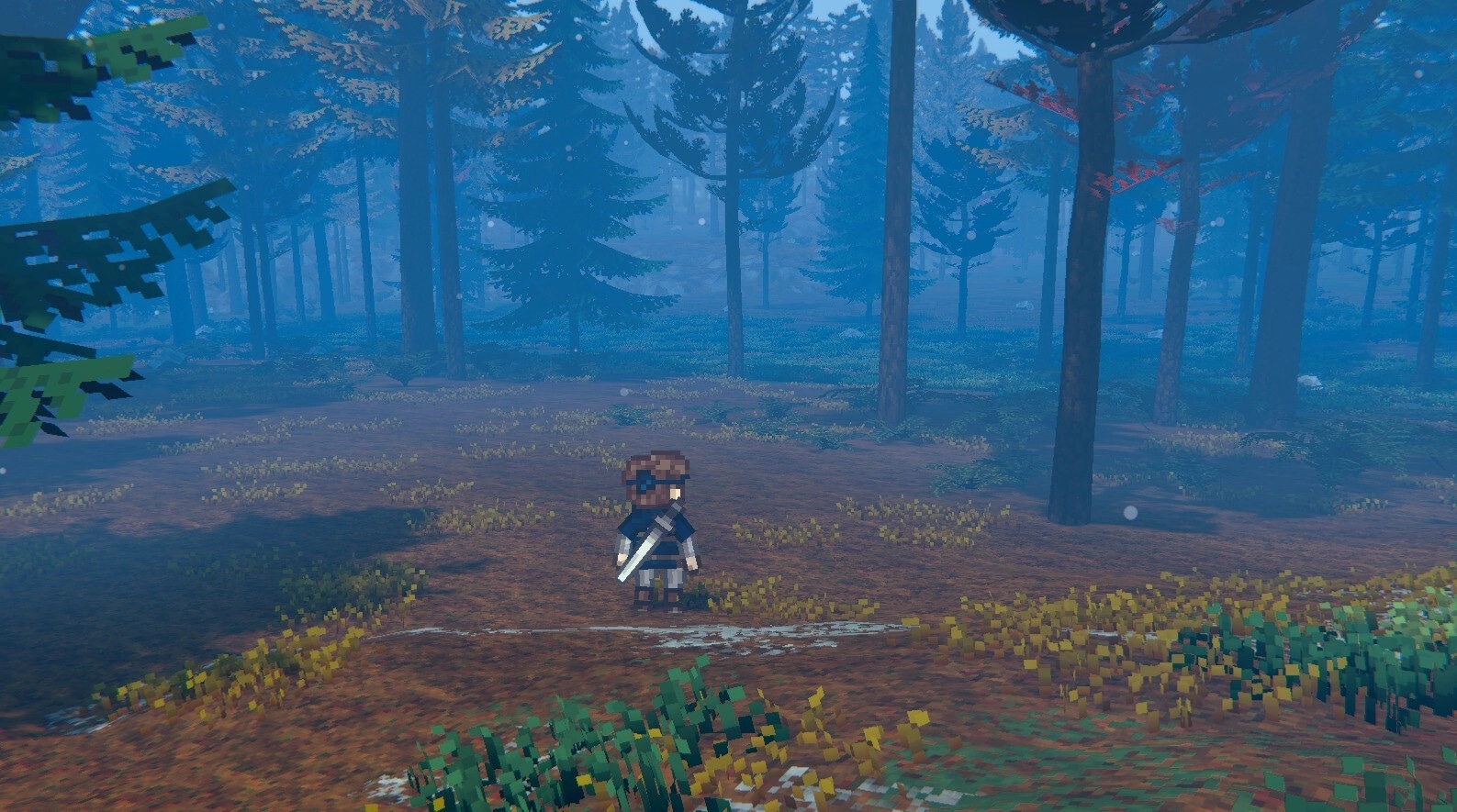 EthrA: Small pixel adventurer holding a sword in a misty pine forest clearing with falling snow.