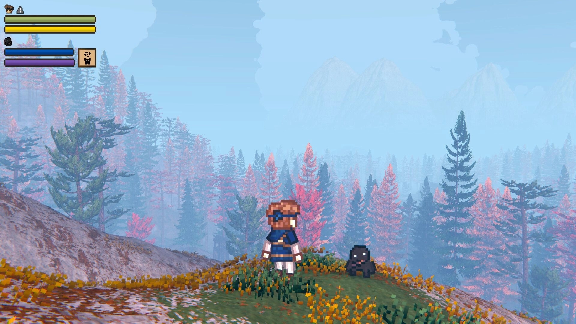 EthrA: Player character and black pet on grassy ridge, HUD bars visible over misty forest mountains.