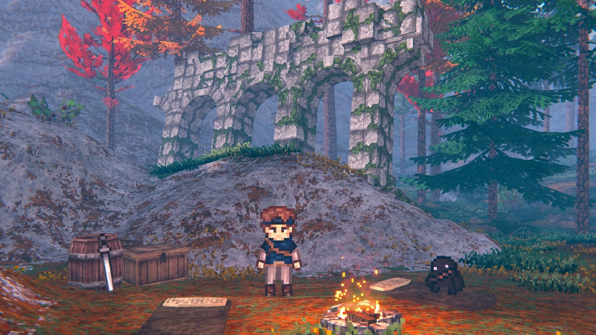 EthrA: Pixel hero stands by a campfire near crates and a pet, under mossy stone arches in forest.