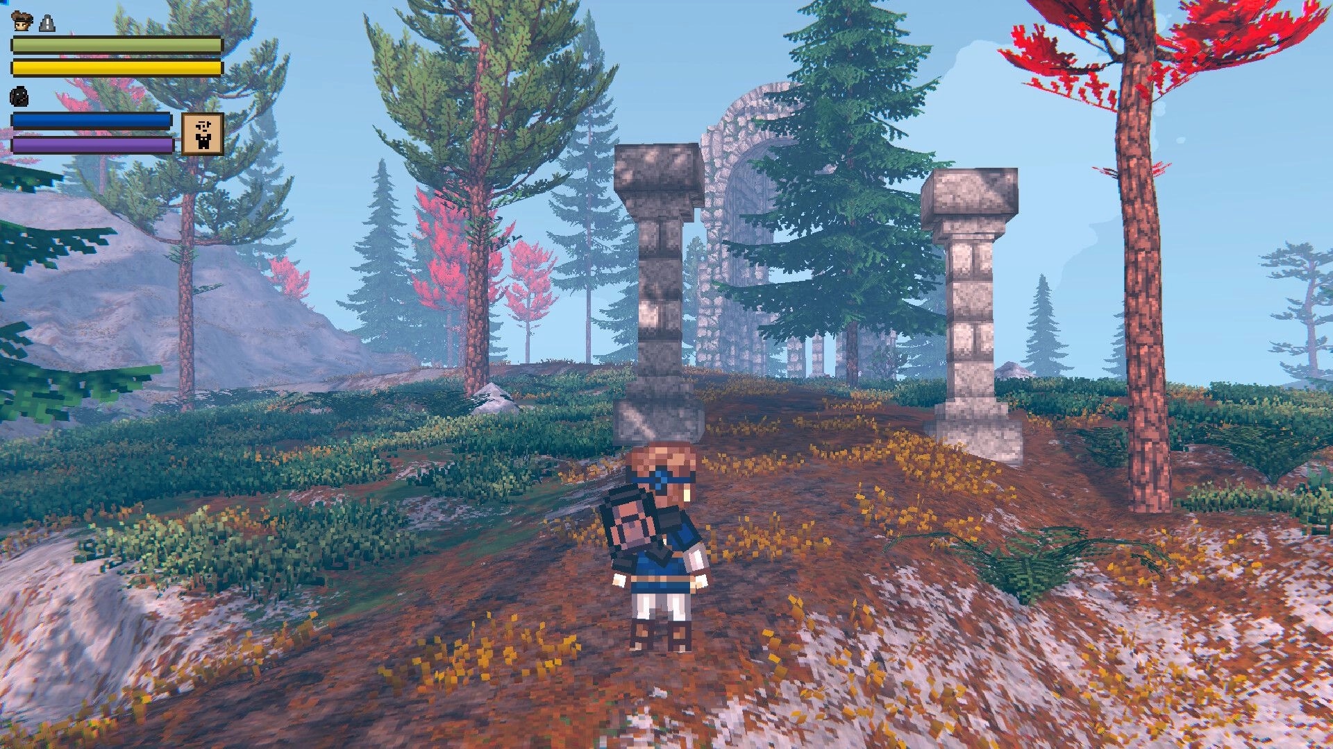 EthrA: Third-person adventurer walks toward stone archway on forest path with status bars UI.
