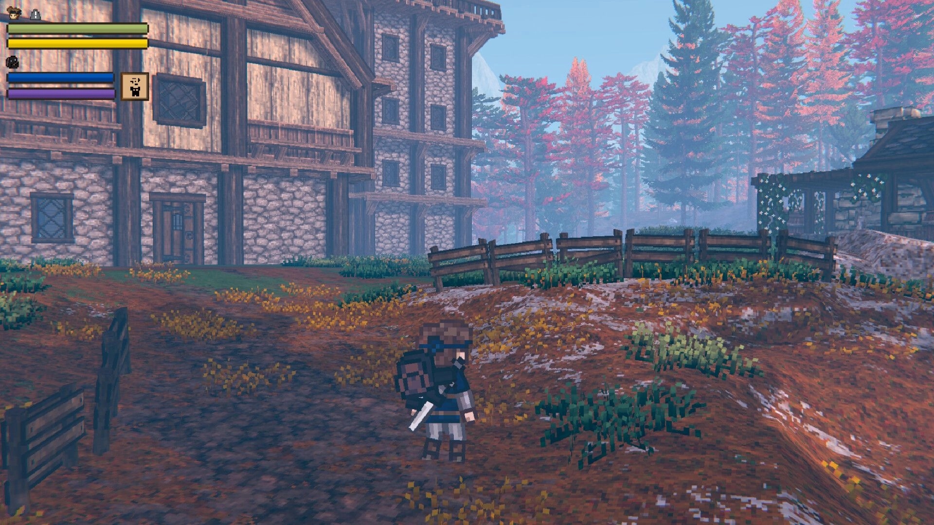 EthrA: Player character stands near stone houses and fences, with status bars UI in village outskirts.