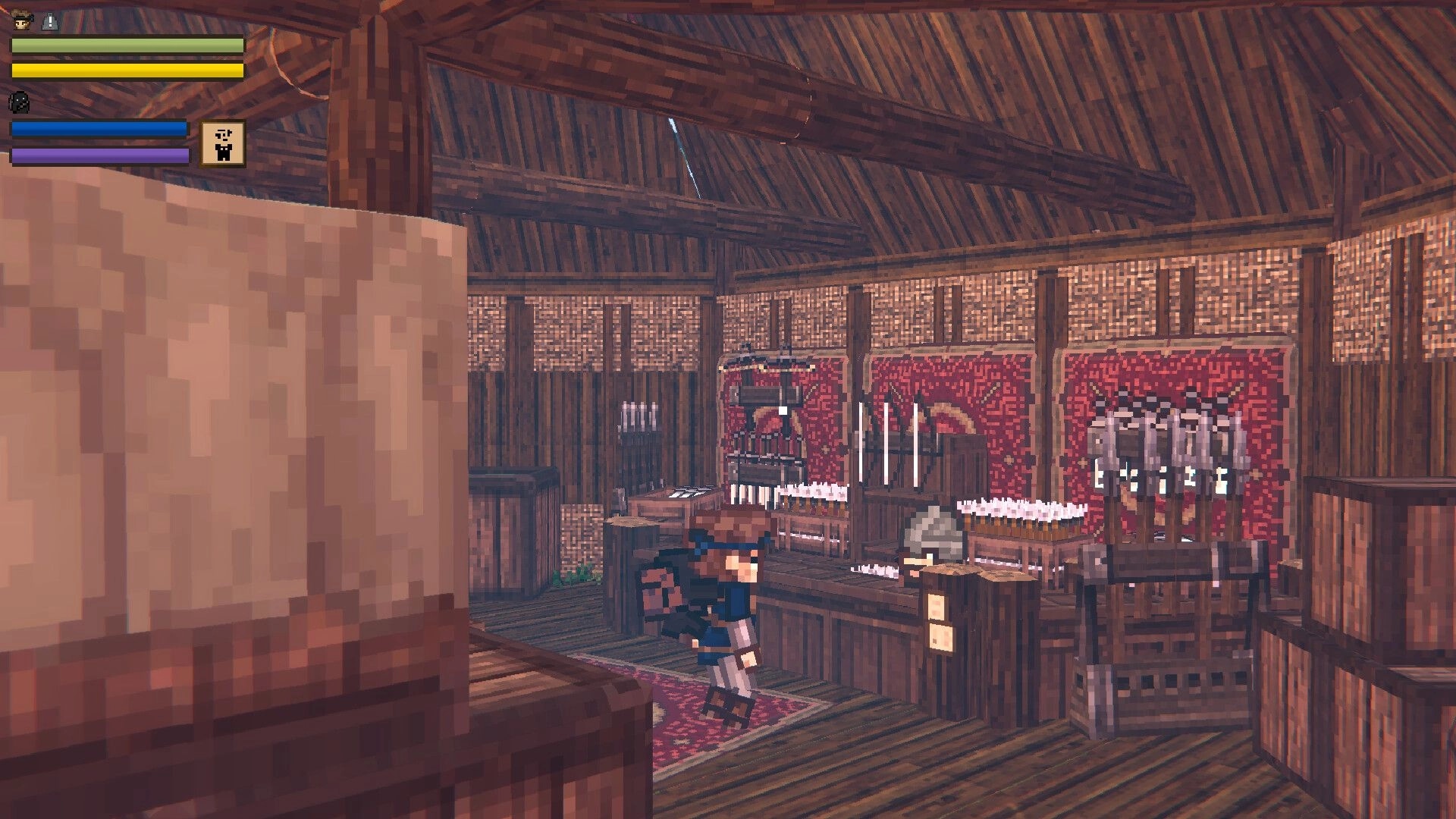 EthrA: Player character in a wooden shop with weapon racks and status bars UI in top-left corner.
